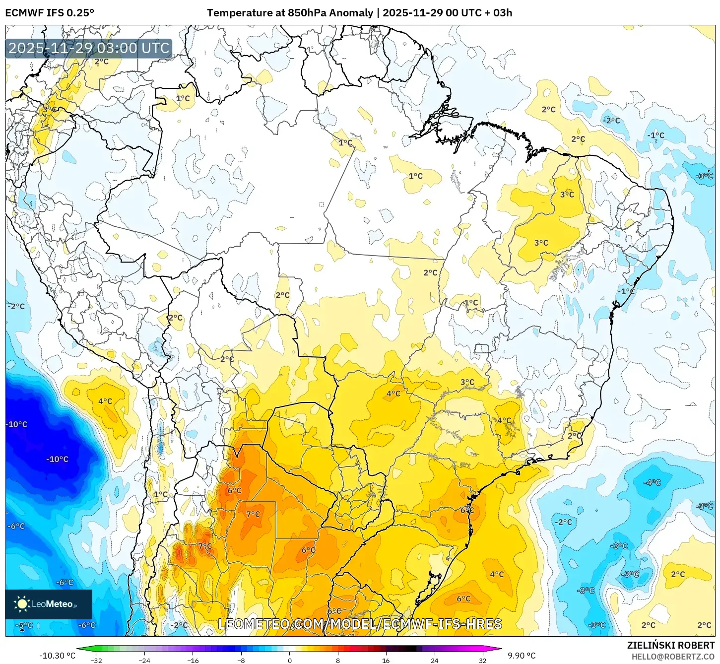 ECMWF IFS 0.25° model - Brazil, Temperature at 850hPa Anomaly