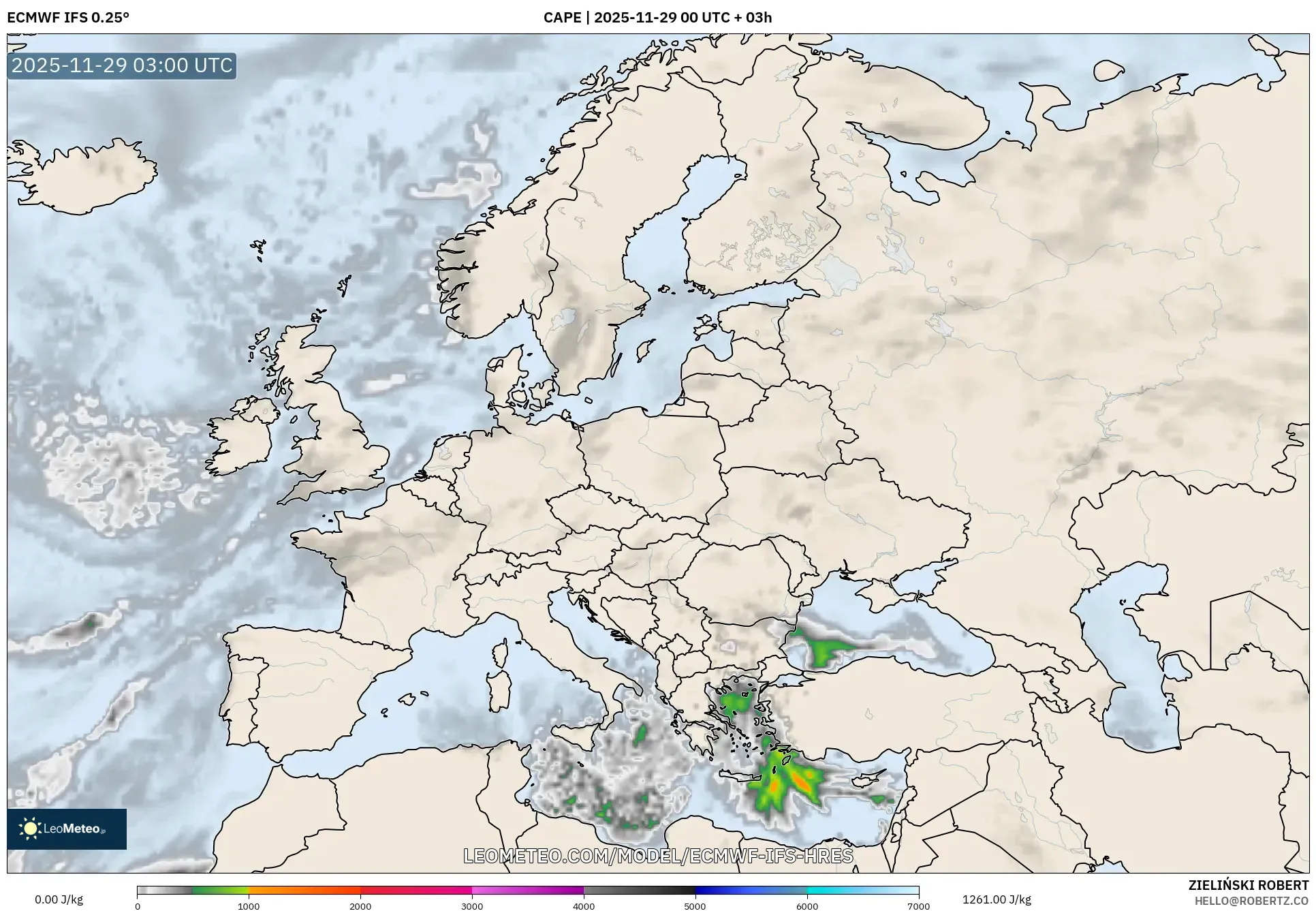 ECMWF IFS 0.25° model - Europe, CAPE