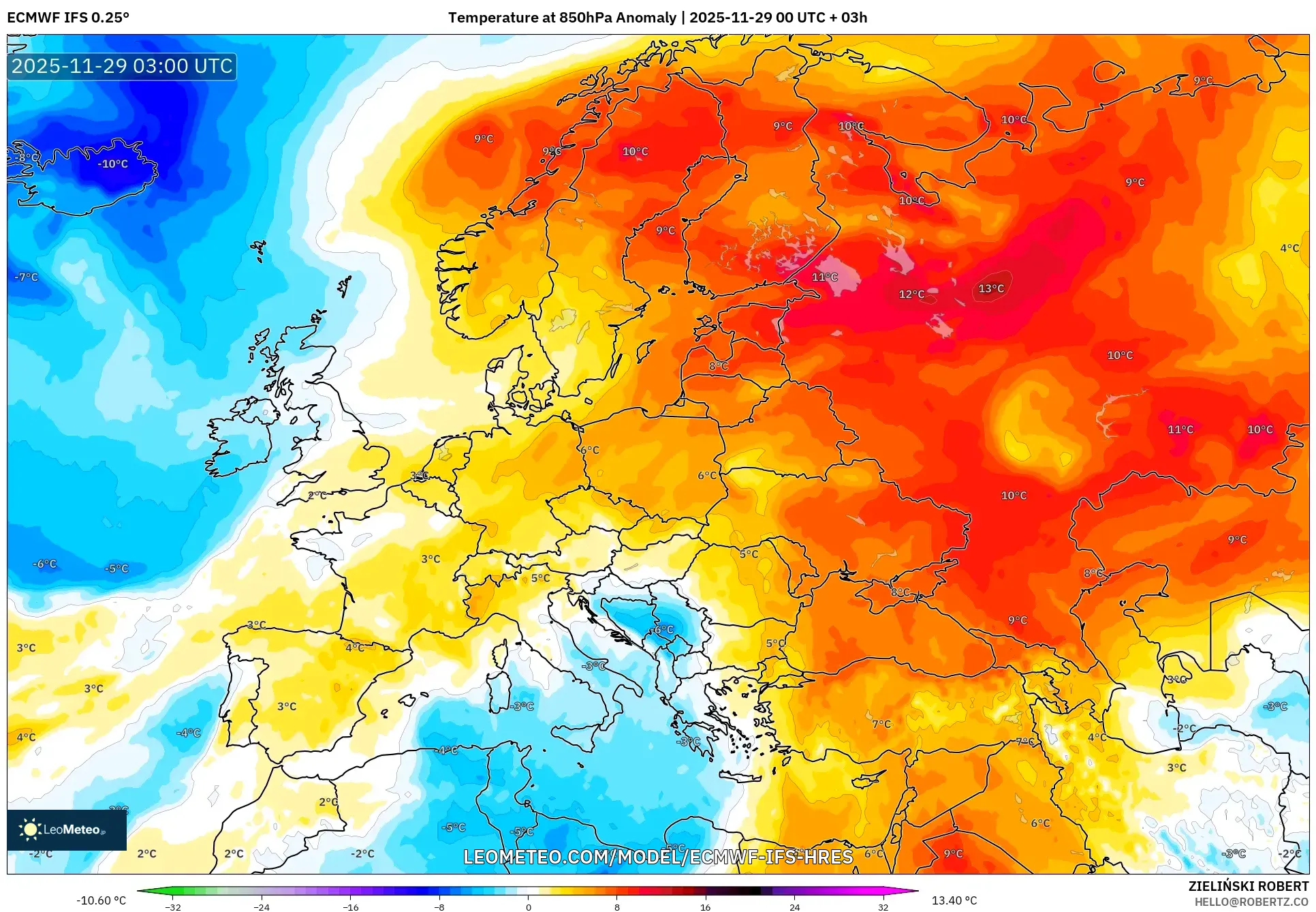 ECMWF IFS 0.25° model - Europe, Temperature at 850hPa Anomaly