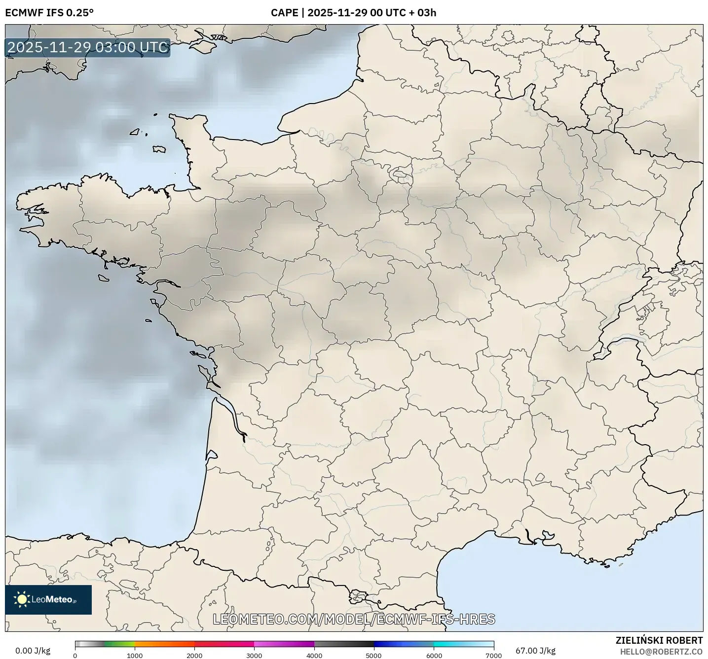 ECMWF IFS 0.25° model - France, CAPE