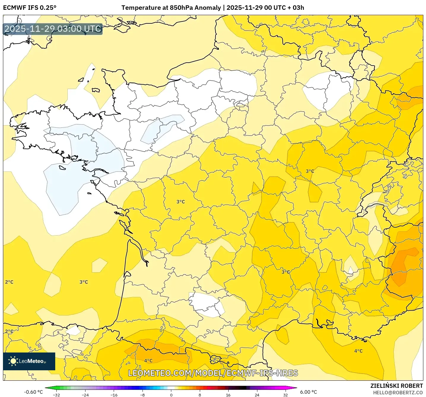 ECMWF IFS 0.25° model - France, Temperature at 850hPa Anomaly