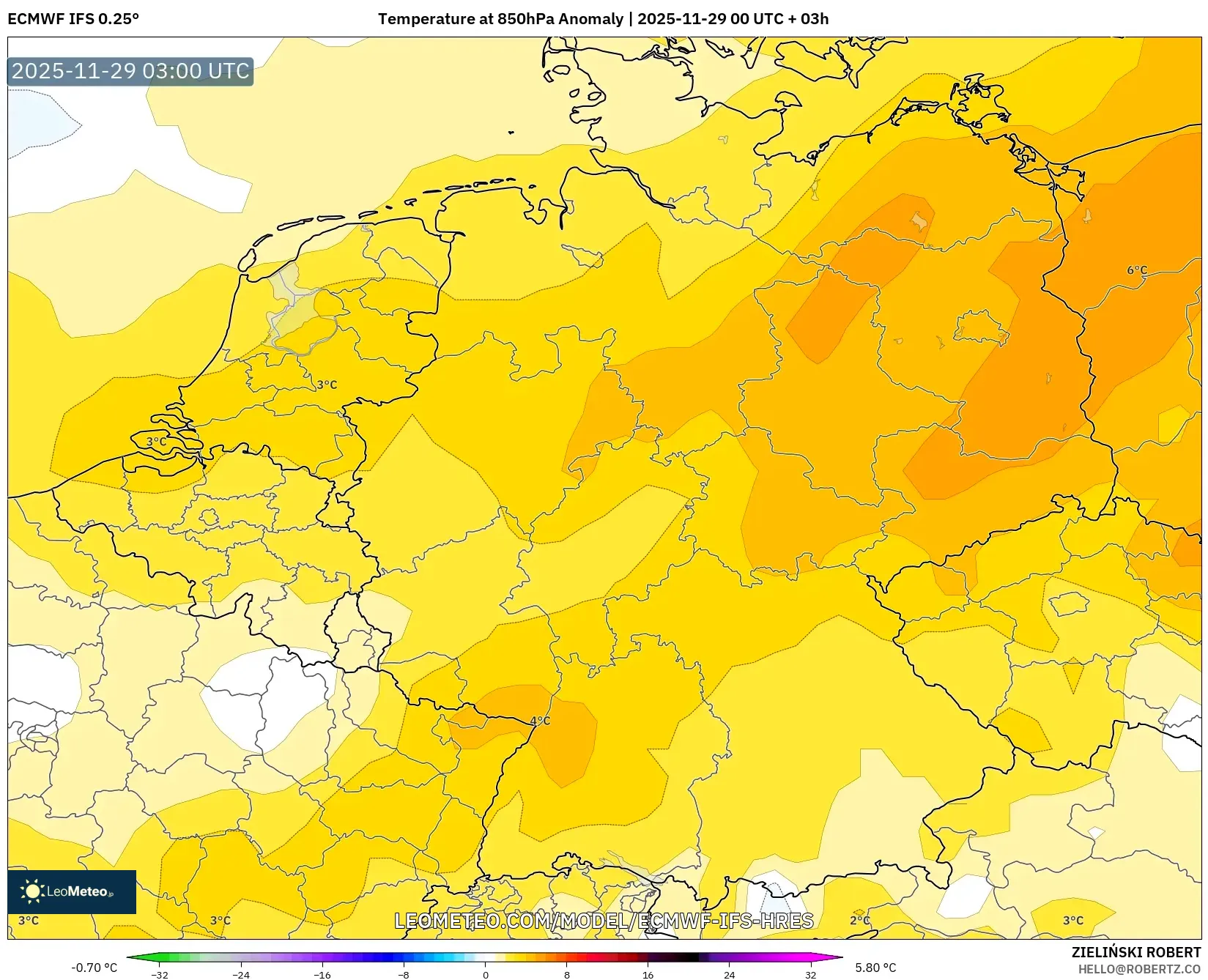 ECMWF IFS 0.25° model - Germany, Temperature at 850hPa Anomaly