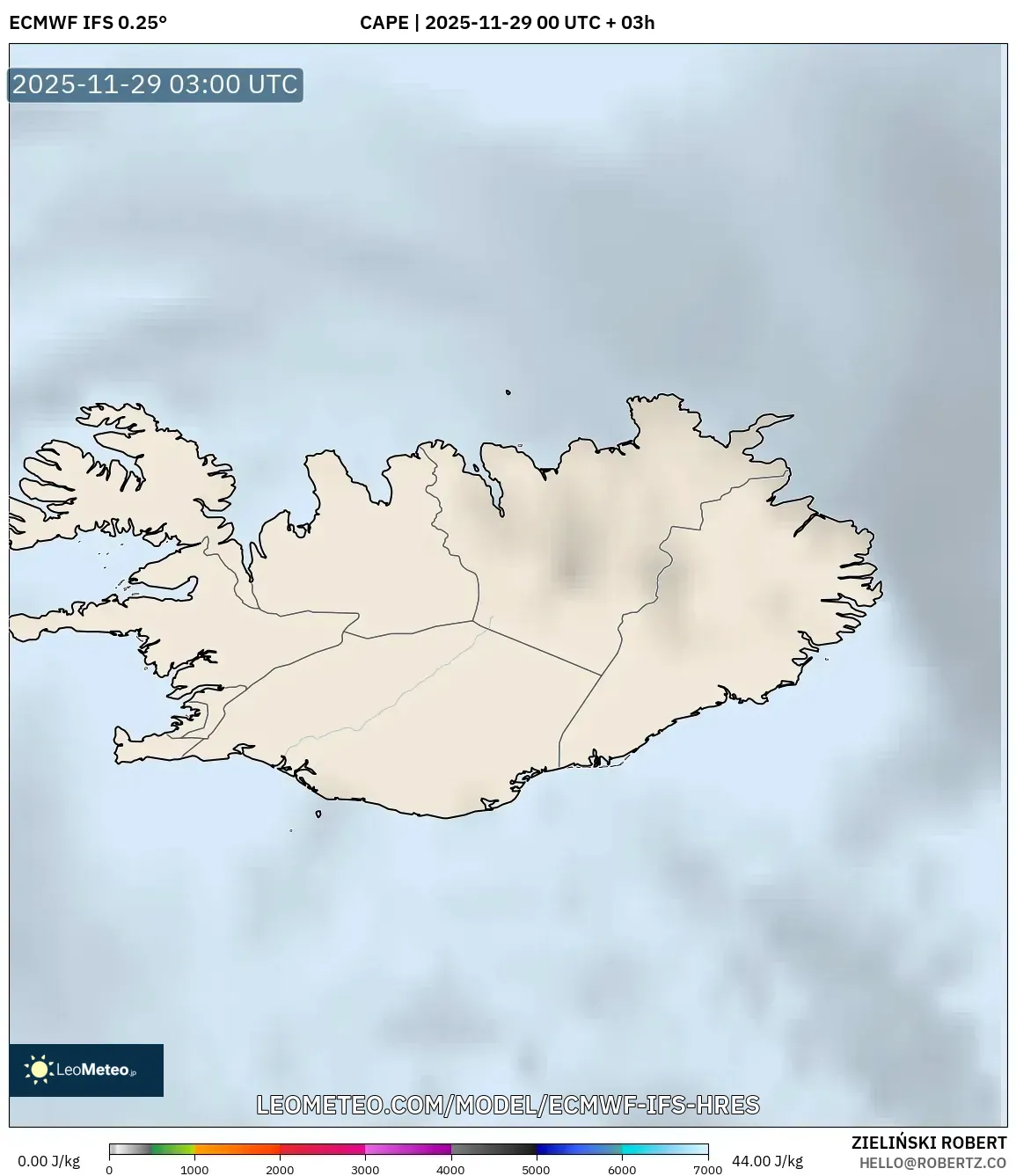 ECMWF IFS 0.25° model - Iceland, CAPE