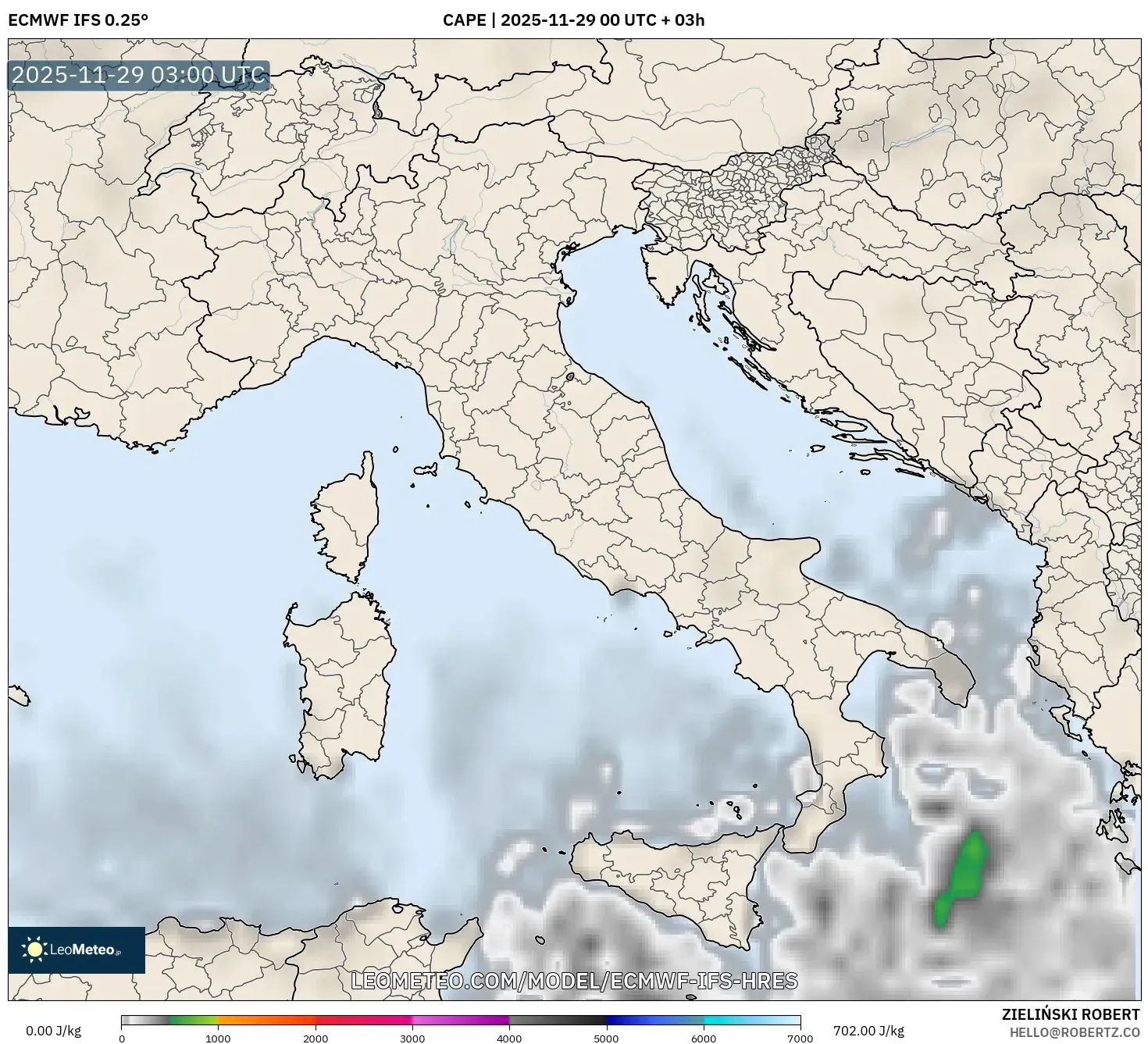 ECMWF IFS 0.25° model - Italy, CAPE