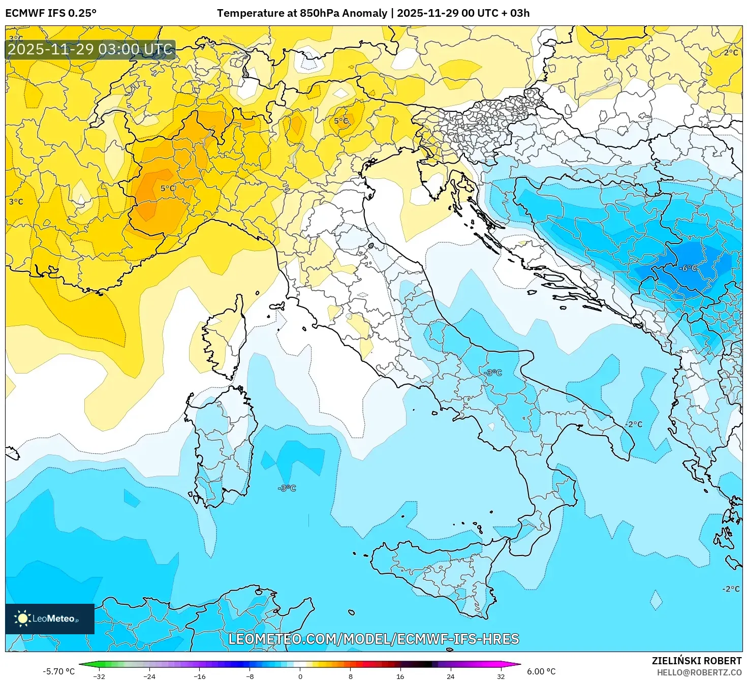 ECMWF IFS 0.25° model - Italy, Temperature at 850hPa Anomaly