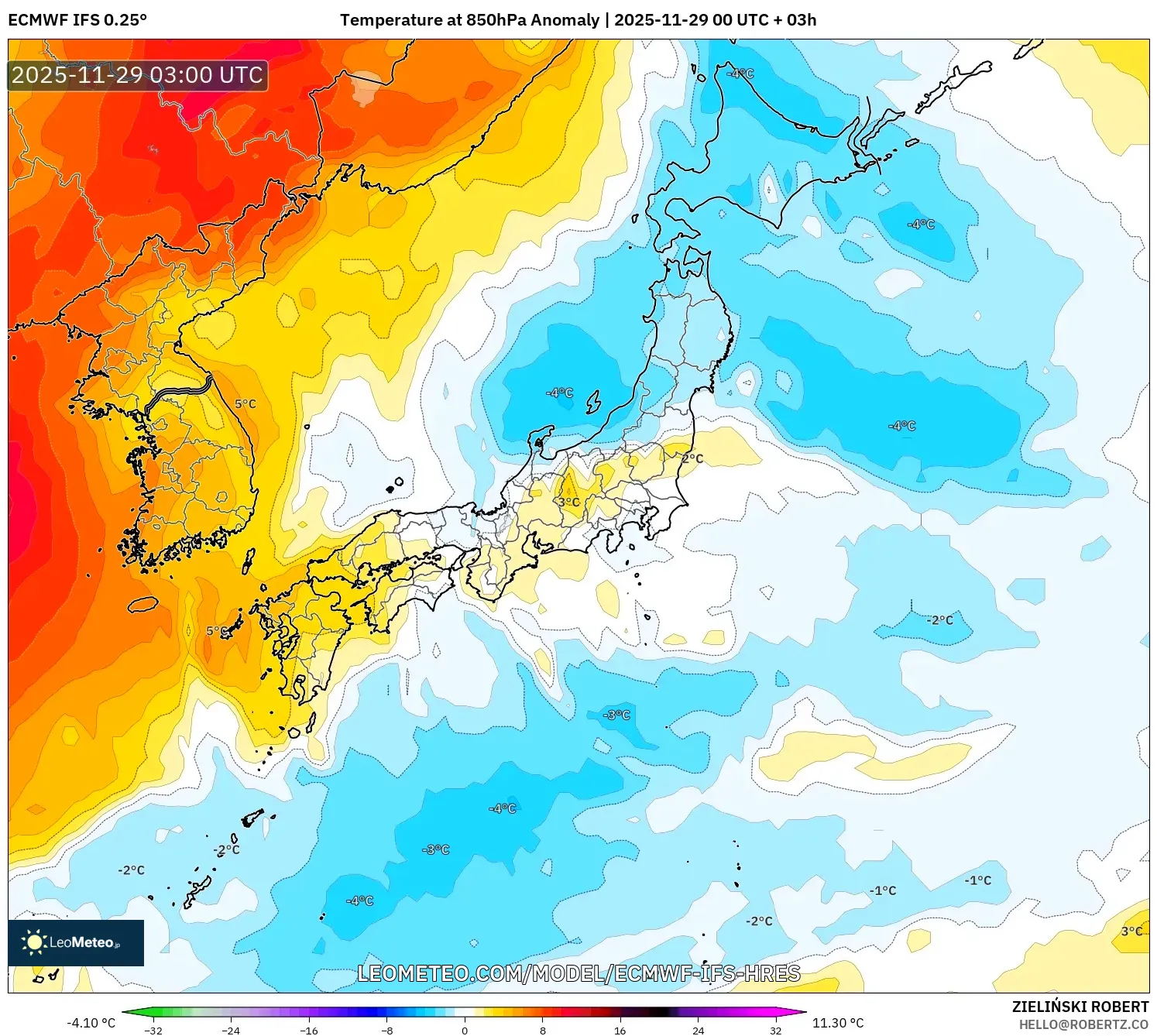 ECMWF IFS 0.25° model - Japan, Temperature at 850hPa Anomaly