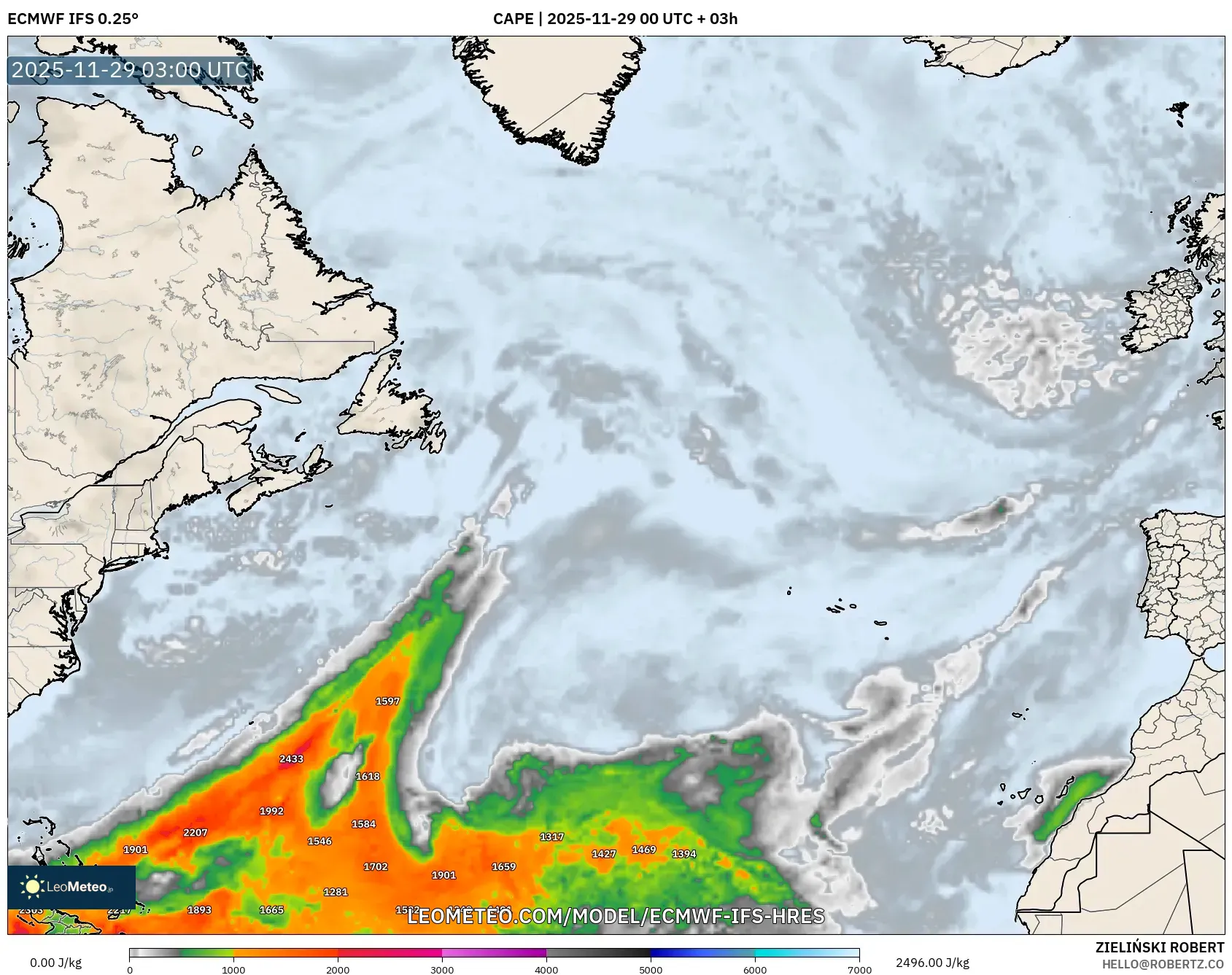 ECMWF IFS 0.25° model - North Atlantic, CAPE