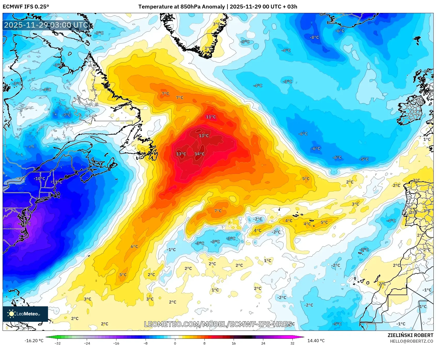 ECMWF IFS 0.25° model - North Atlantic, Temperature at 850hPa Anomaly
