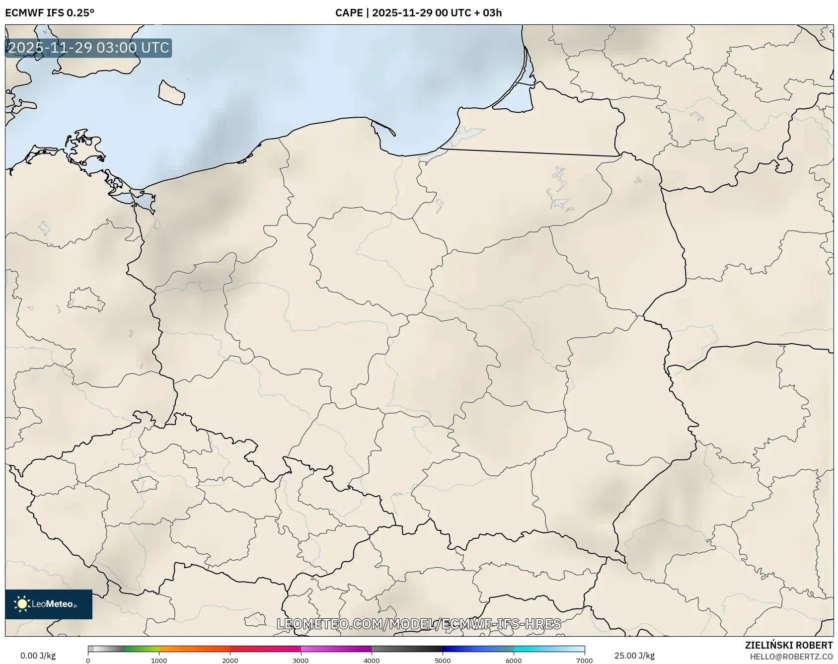 ECMWF IFS 0.25° model - Poland, CAPE