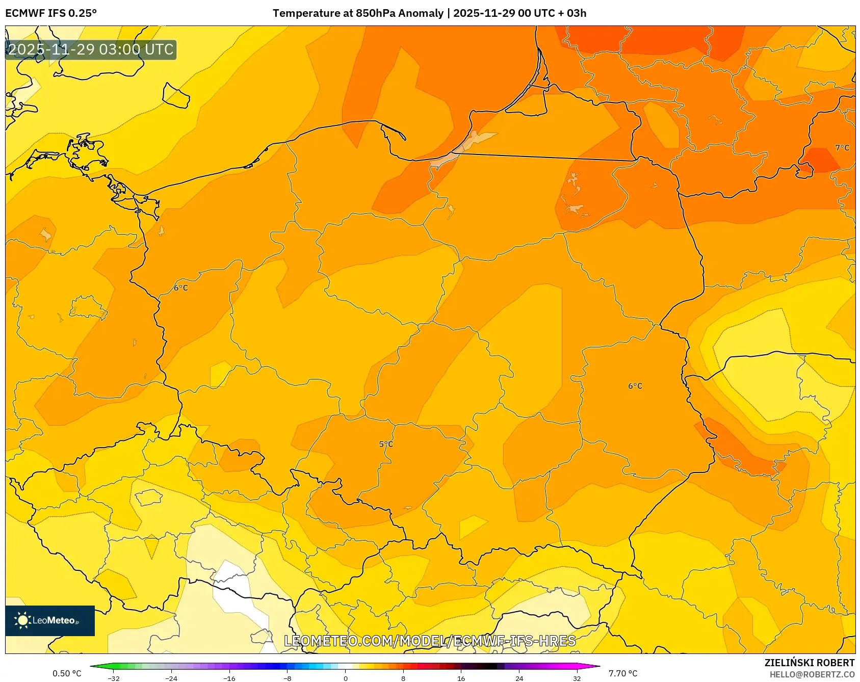 ECMWF IFS 0.25° model - Poland, Temperature at 850hPa Anomaly