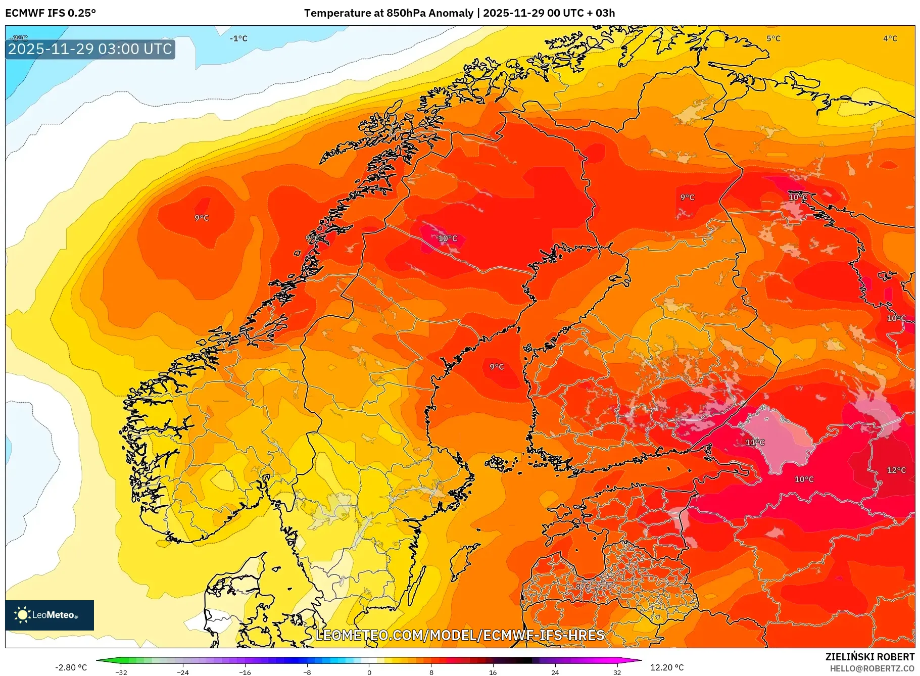 ECMWF IFS 0.25° model - Scandinavia, Temperature at 850hPa Anomaly