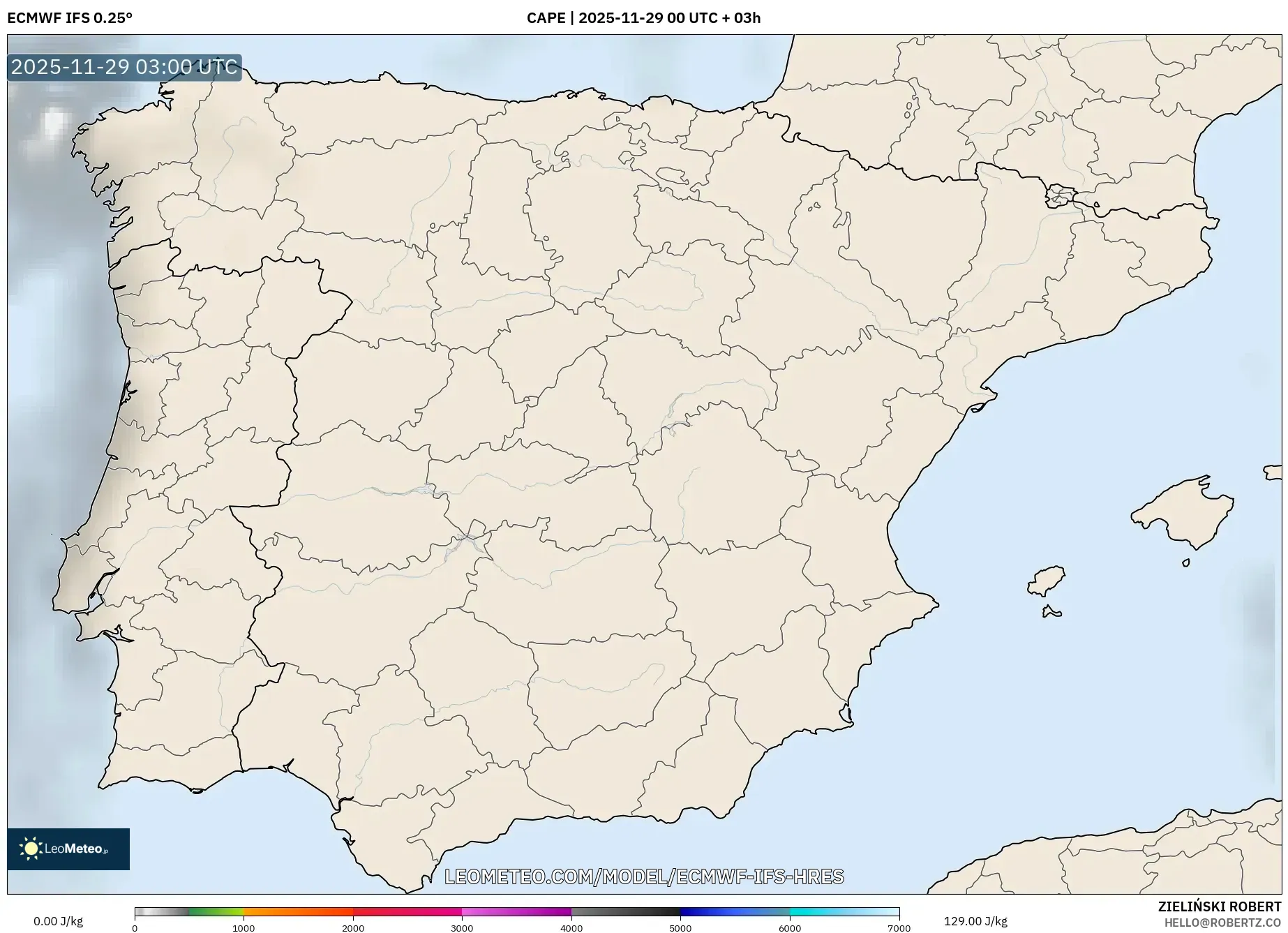 ECMWF IFS 0.25° model - Spain, CAPE