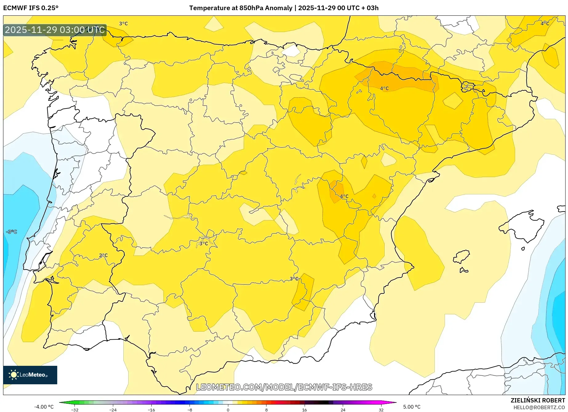 ECMWF IFS 0.25° model - Spain, Temperature at 850hPa Anomaly