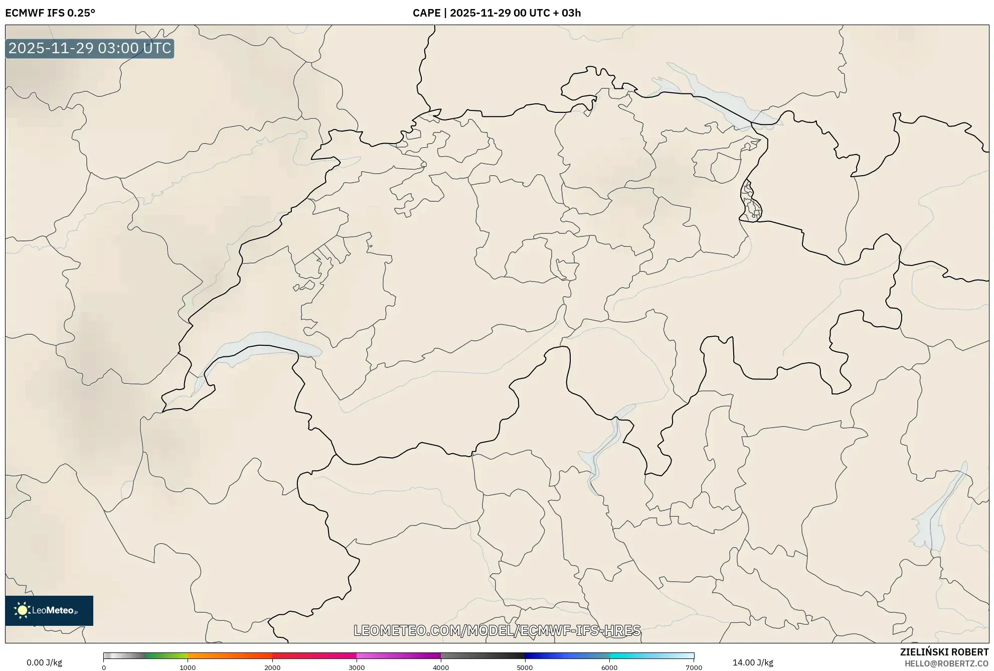 ECMWF IFS 0.25° model - Switzerland, CAPE