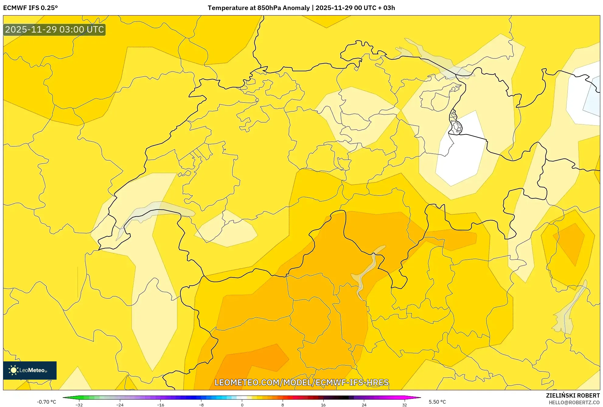 ECMWF IFS 0.25° model - Switzerland, Temperature at 850hPa Anomaly