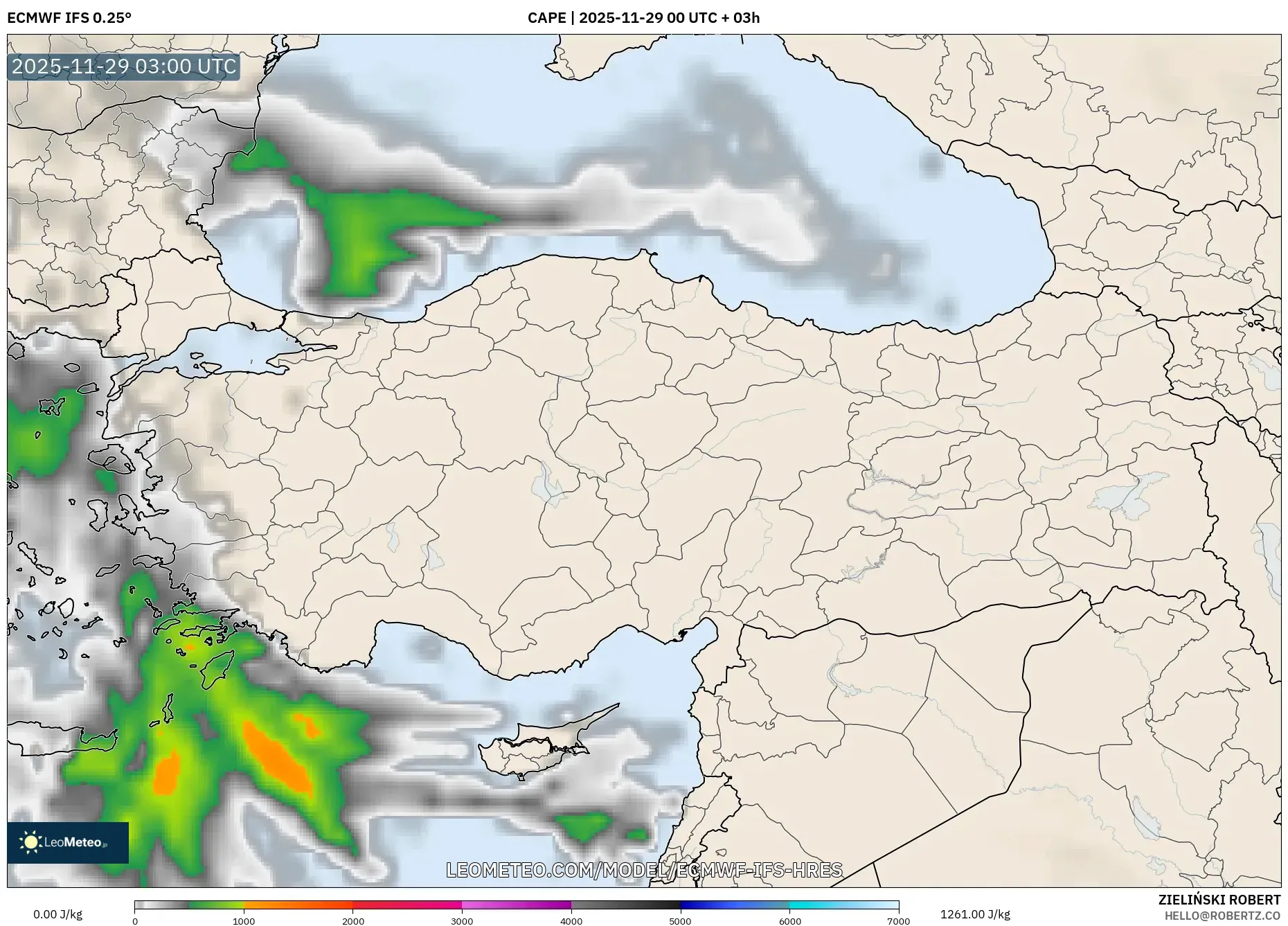 ECMWF IFS 0.25° model - Turkey, CAPE