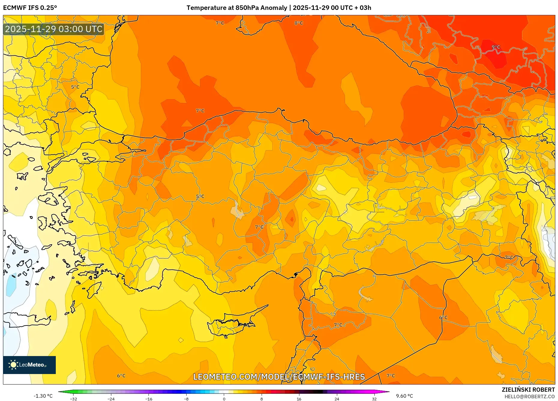 ECMWF IFS 0.25° model - Turkey, Temperature at 850hPa Anomaly