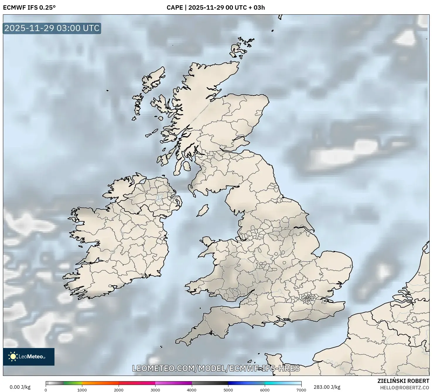 ECMWF IFS 0.25° model - United Kingdom, CAPE