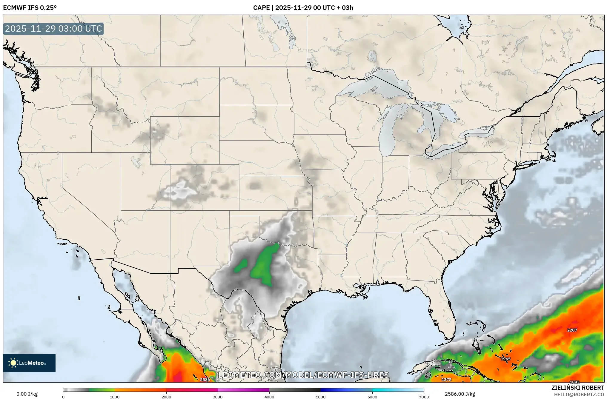 ECMWF IFS 0.25° model - United States, CAPE