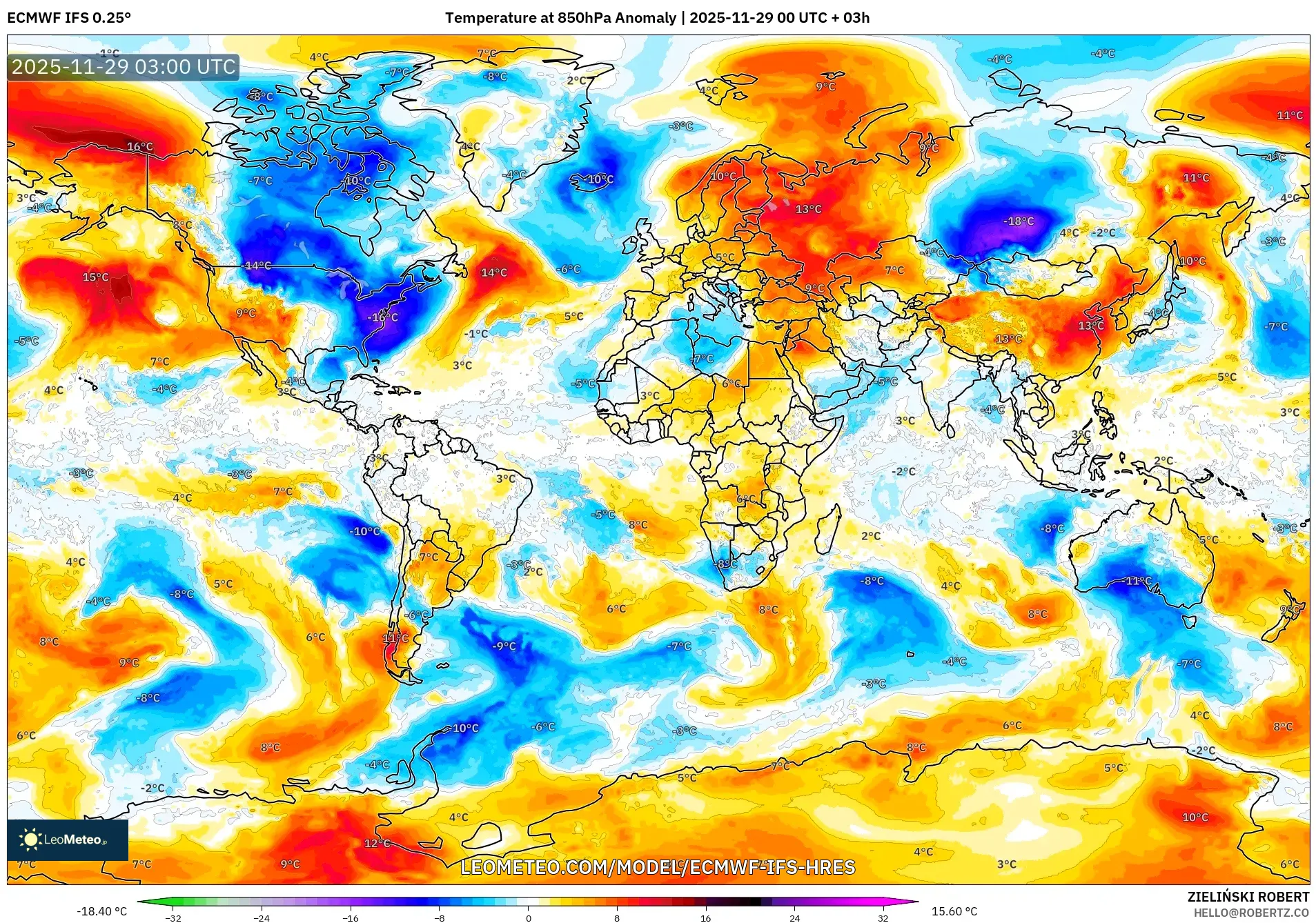 ECMWF IFS 0.25° model - World, Temperature at 850hPa Anomaly