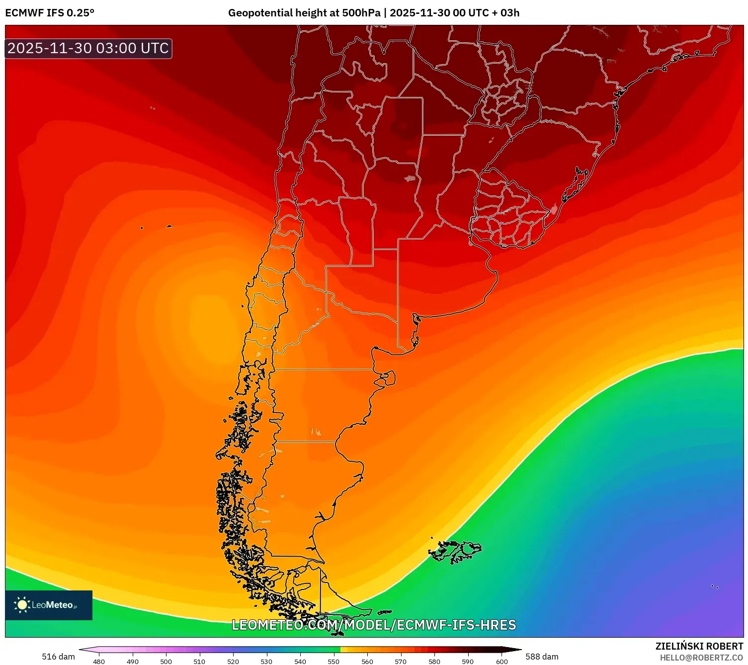 ECMWF IFS 0.25° model - Argentina, Geopotential height at 500hPa