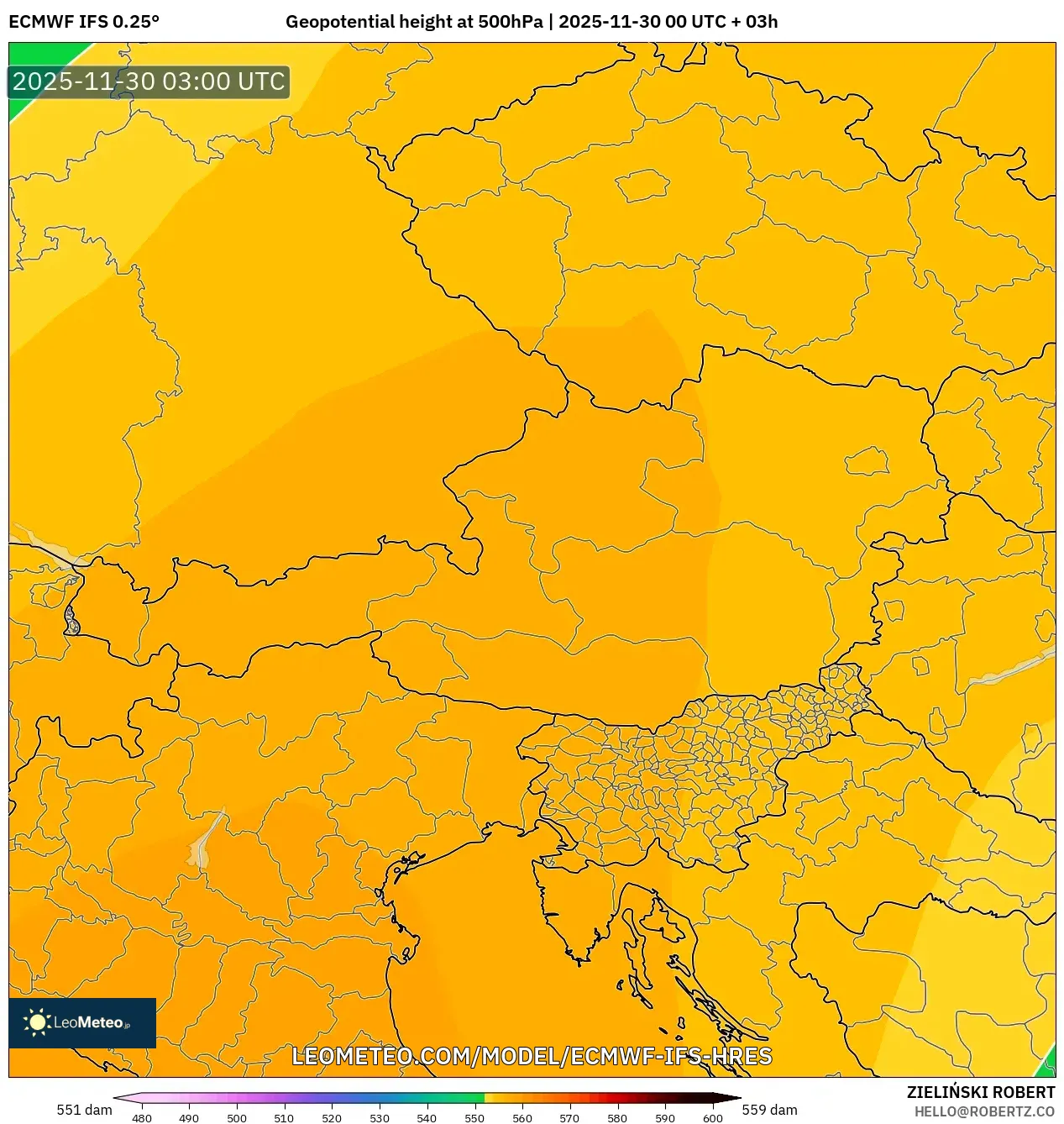 ECMWF IFS 0.25° model - Austria, Geopotential height at 500hPa