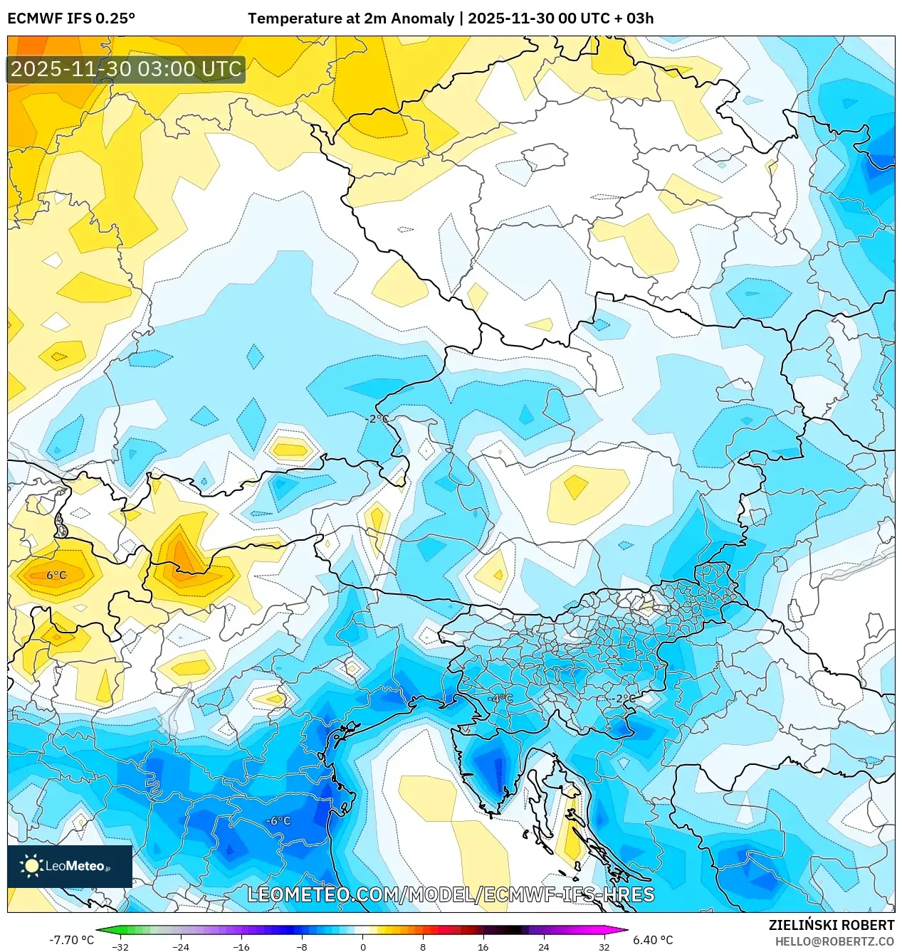 ECMWF IFS 0.25° model - Austria, Temperature at 2m Anomaly