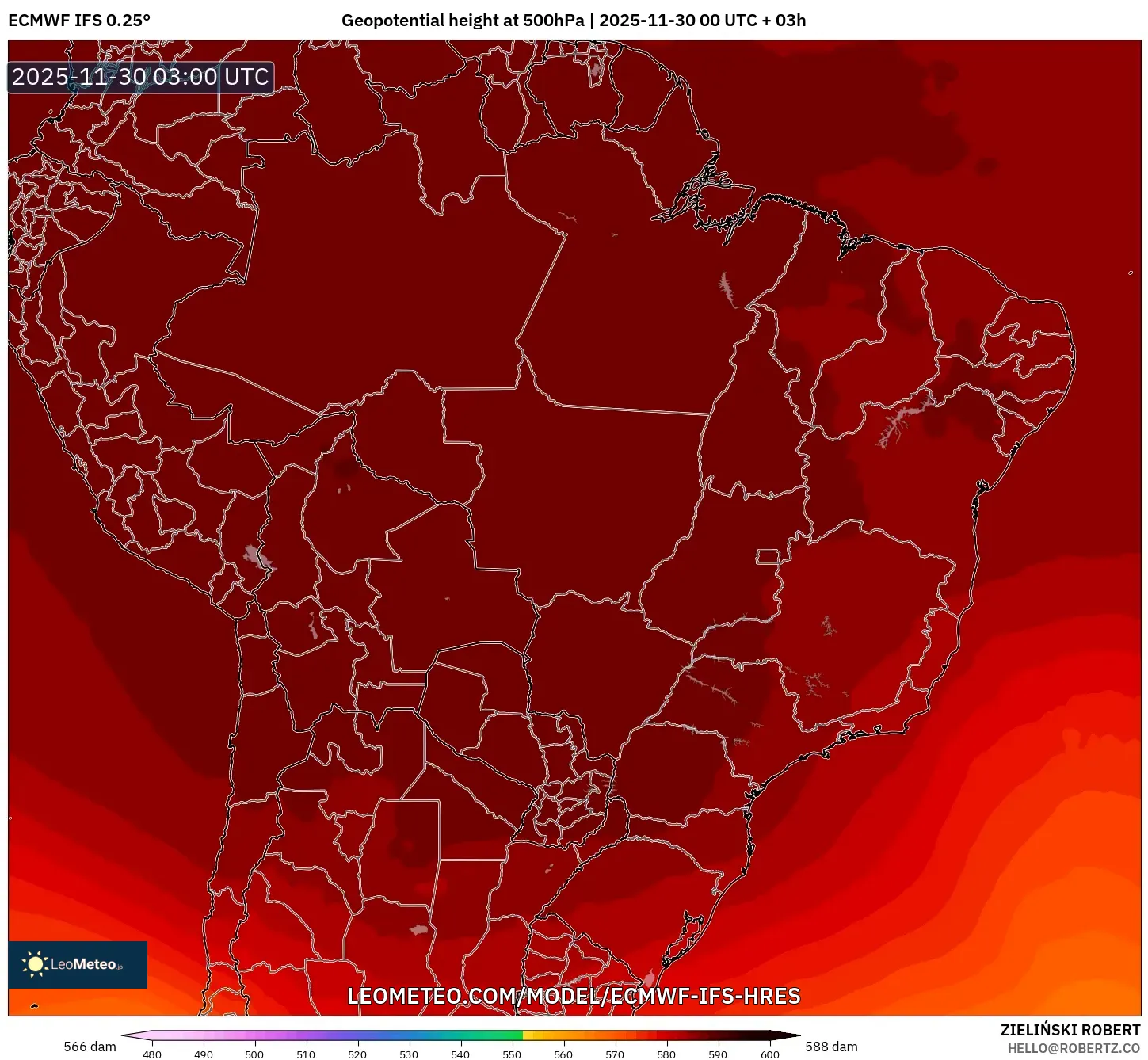 ECMWF IFS 0.25° model - Brazil, Geopotential height at 500hPa