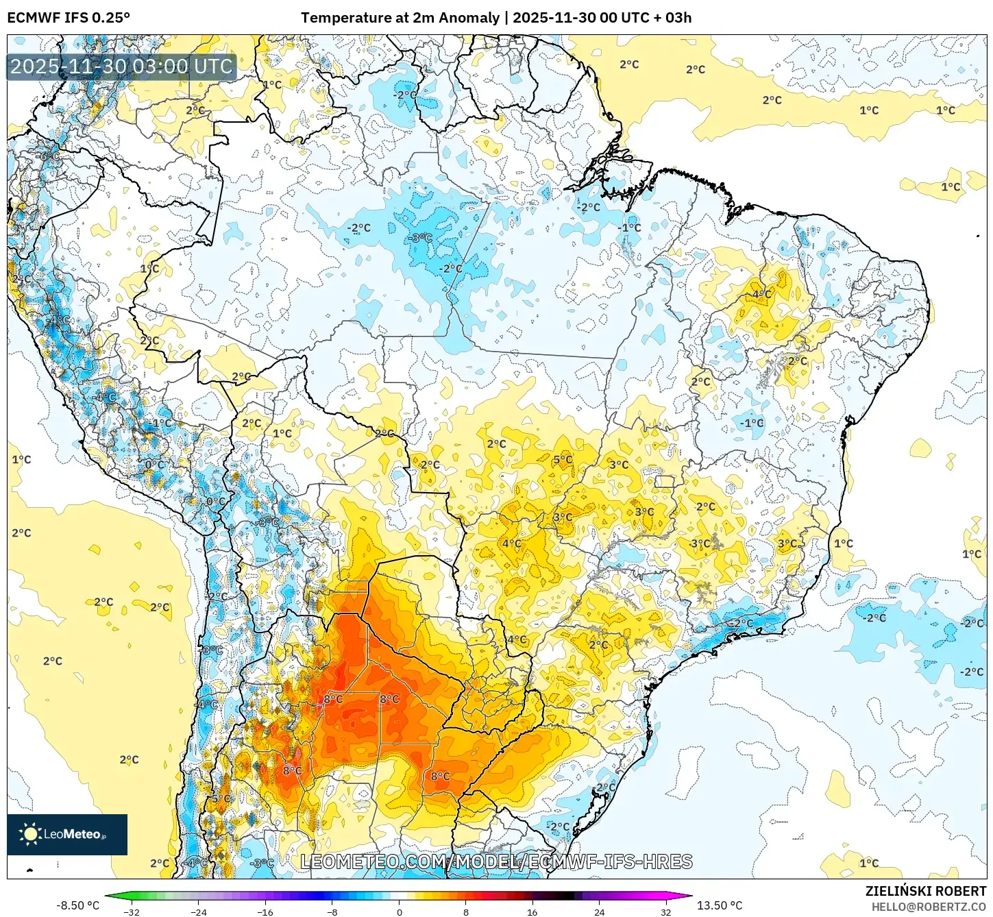 ECMWF IFS 0.25° model - Brazil, Temperature at 2m Anomaly