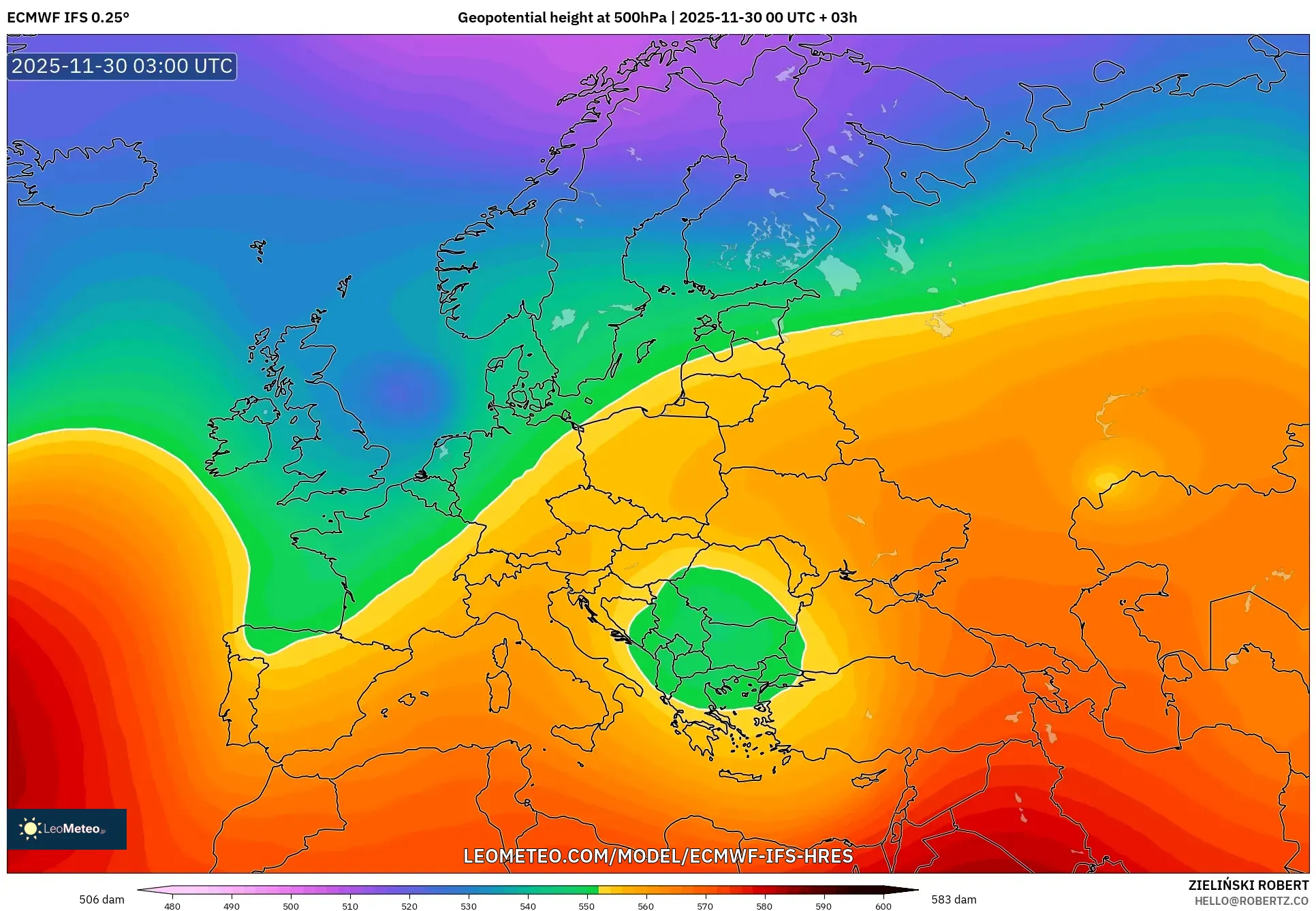ECMWF IFS 0.25° model - Europe, Geopotential height at 500hPa