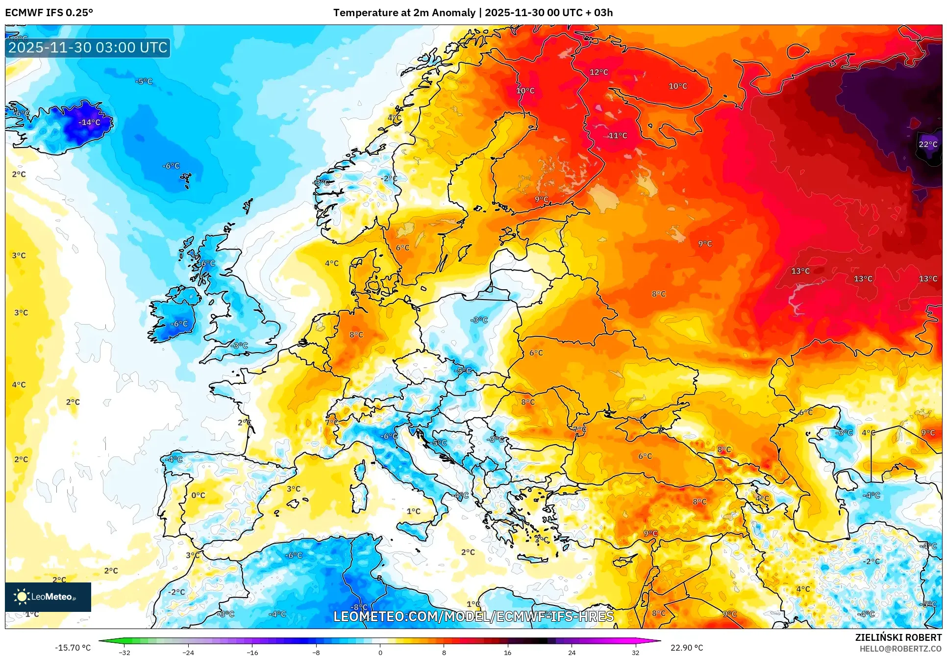 ECMWF IFS 0.25° model - Europe, Temperature at 2m Anomaly