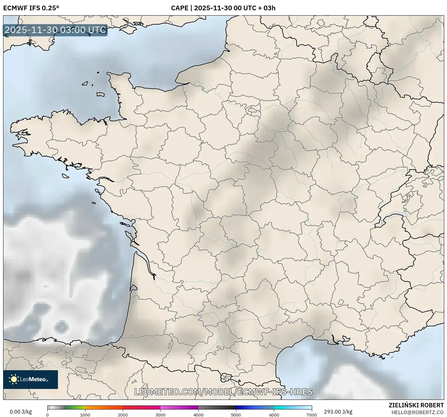 ECMWF IFS 0.25° model - France, CAPE