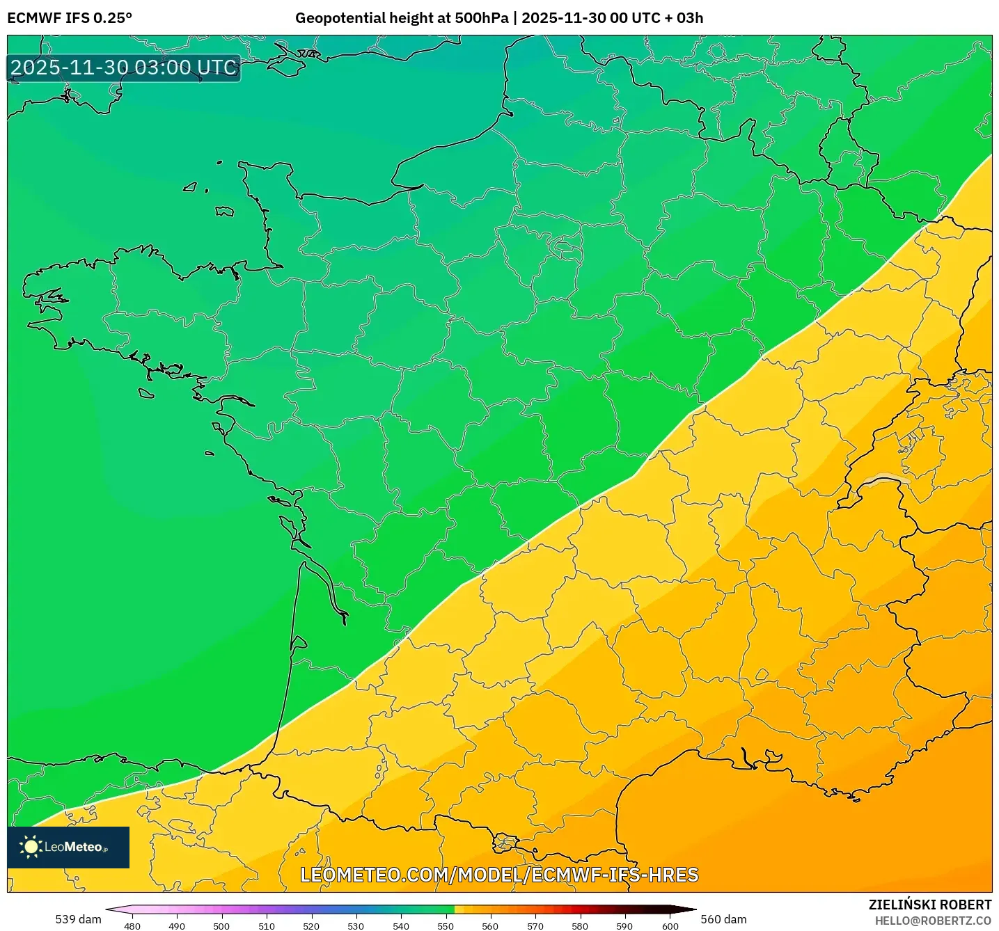ECMWF IFS 0.25° model - France, Geopotential height at 500hPa