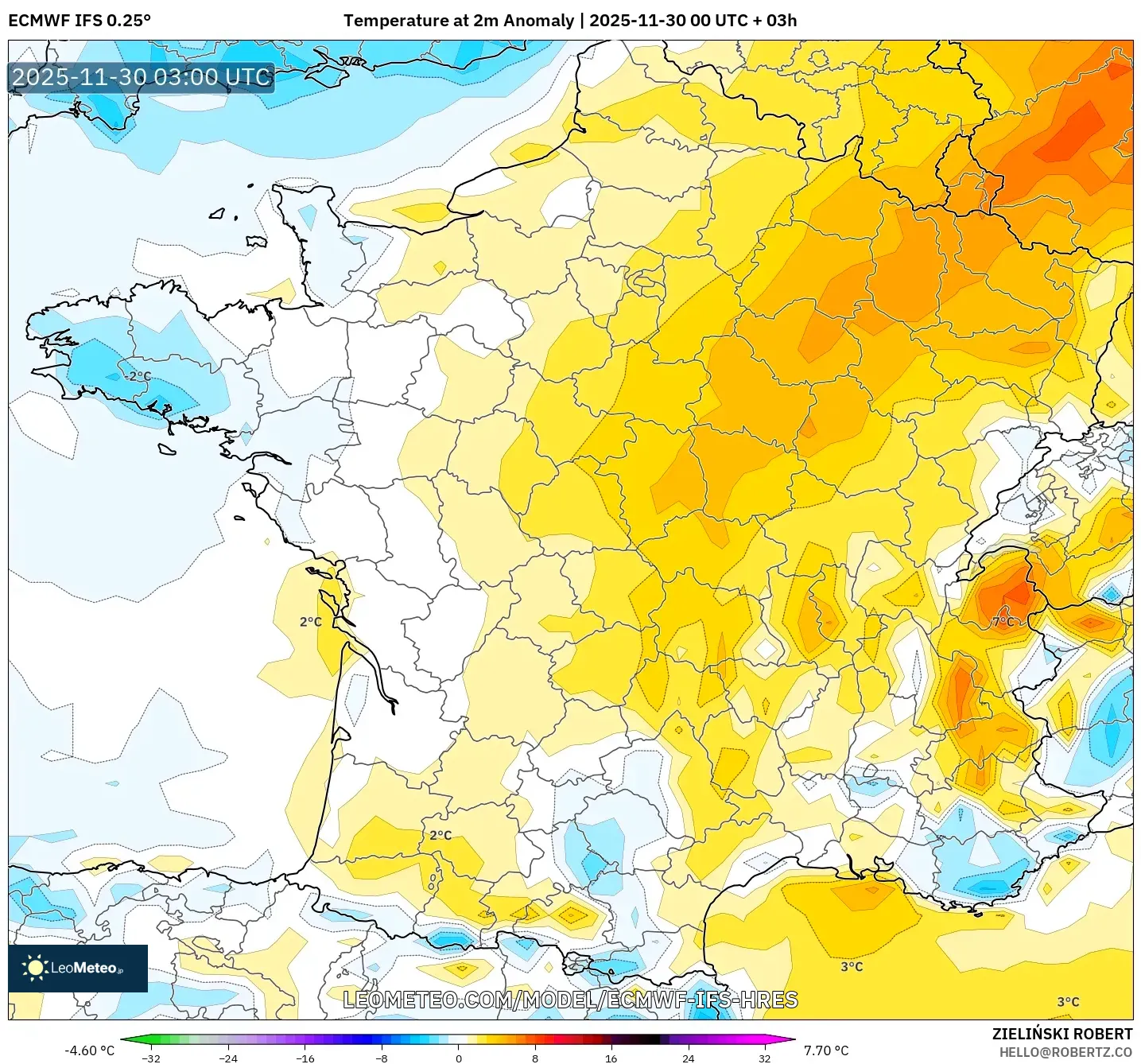 ECMWF IFS 0.25° model - France, Temperature at 2m Anomaly