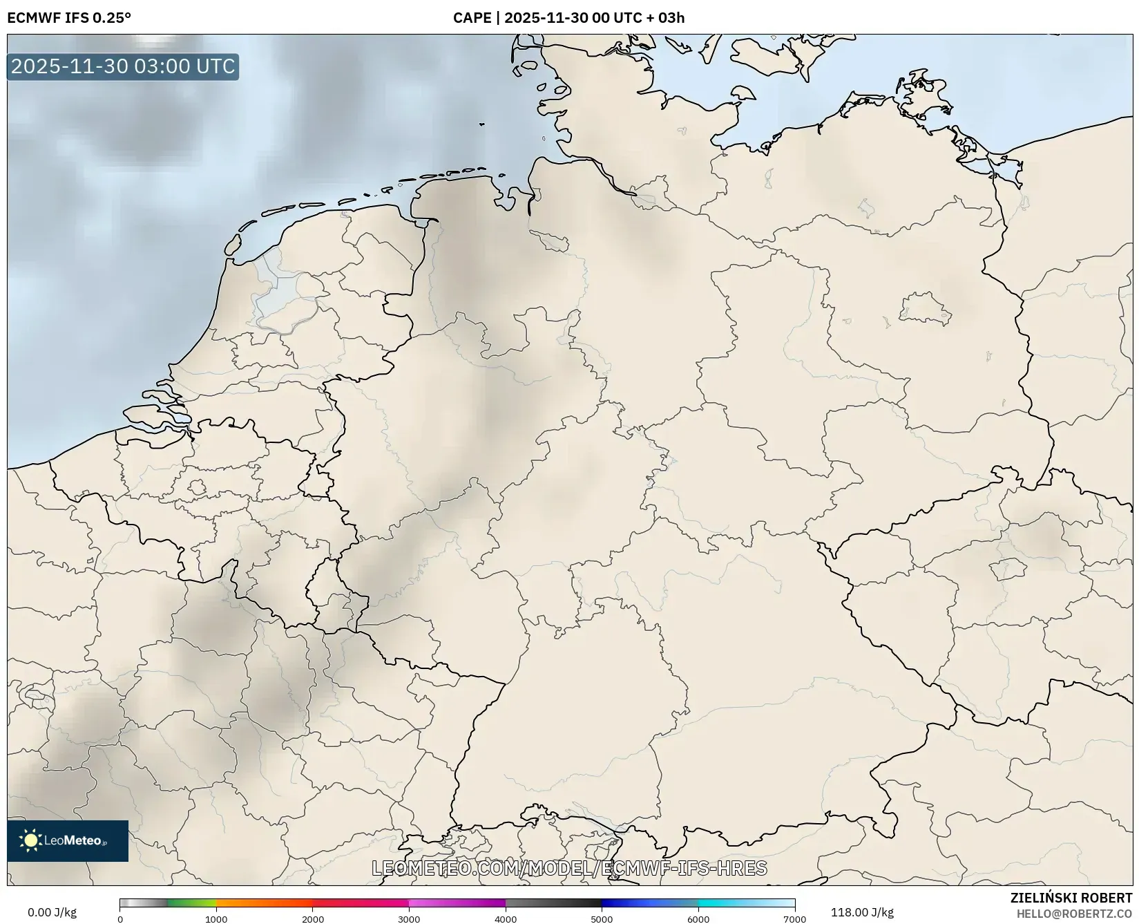 ECMWF IFS 0.25° model - Germany, CAPE