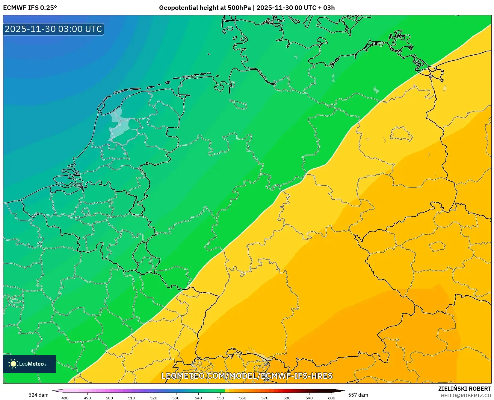 ECMWF IFS 0.25° model - Germany, Geopotential height at 500hPa