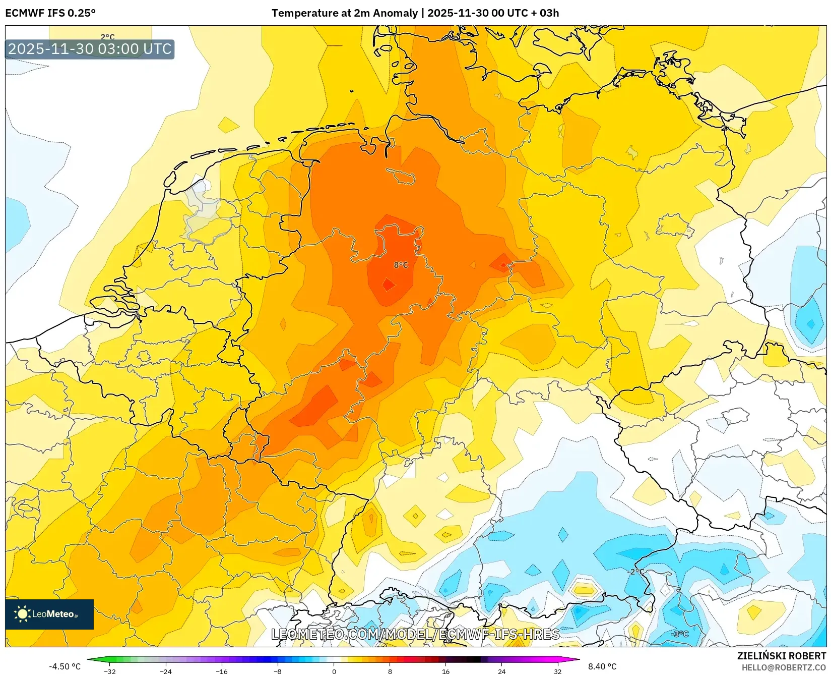 ECMWF IFS 0.25° model - Germany, Temperature at 2m Anomaly