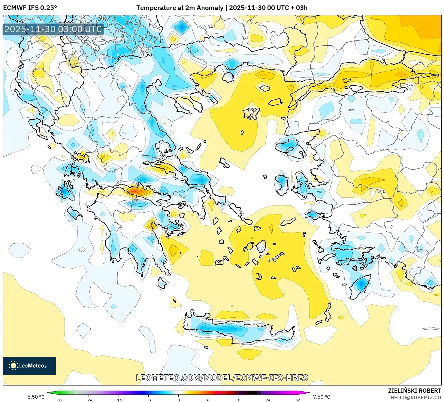 ECMWF IFS 0.25° model - Greece, Temperature at 2m Anomaly