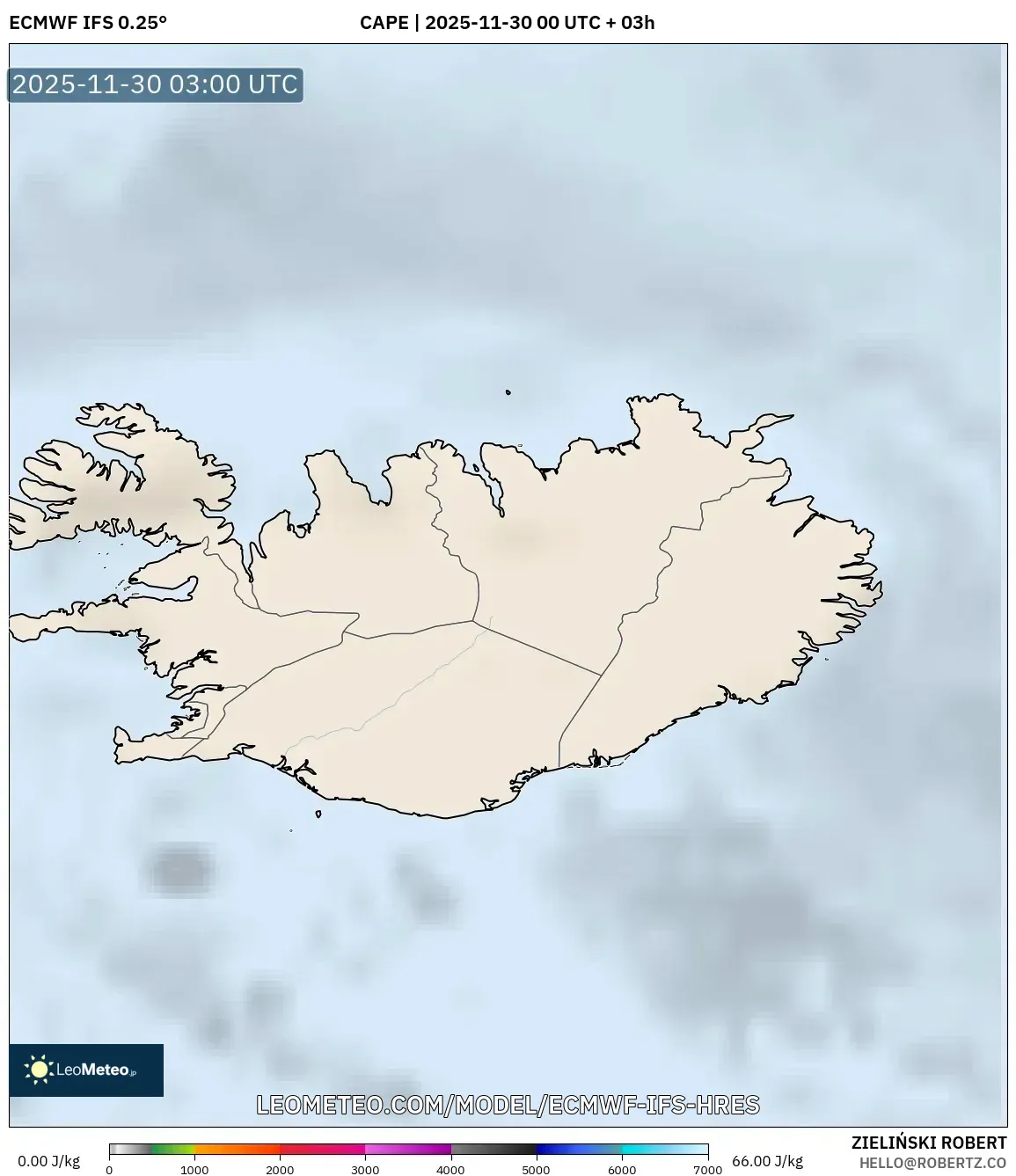 ECMWF IFS 0.25° model - Iceland, CAPE