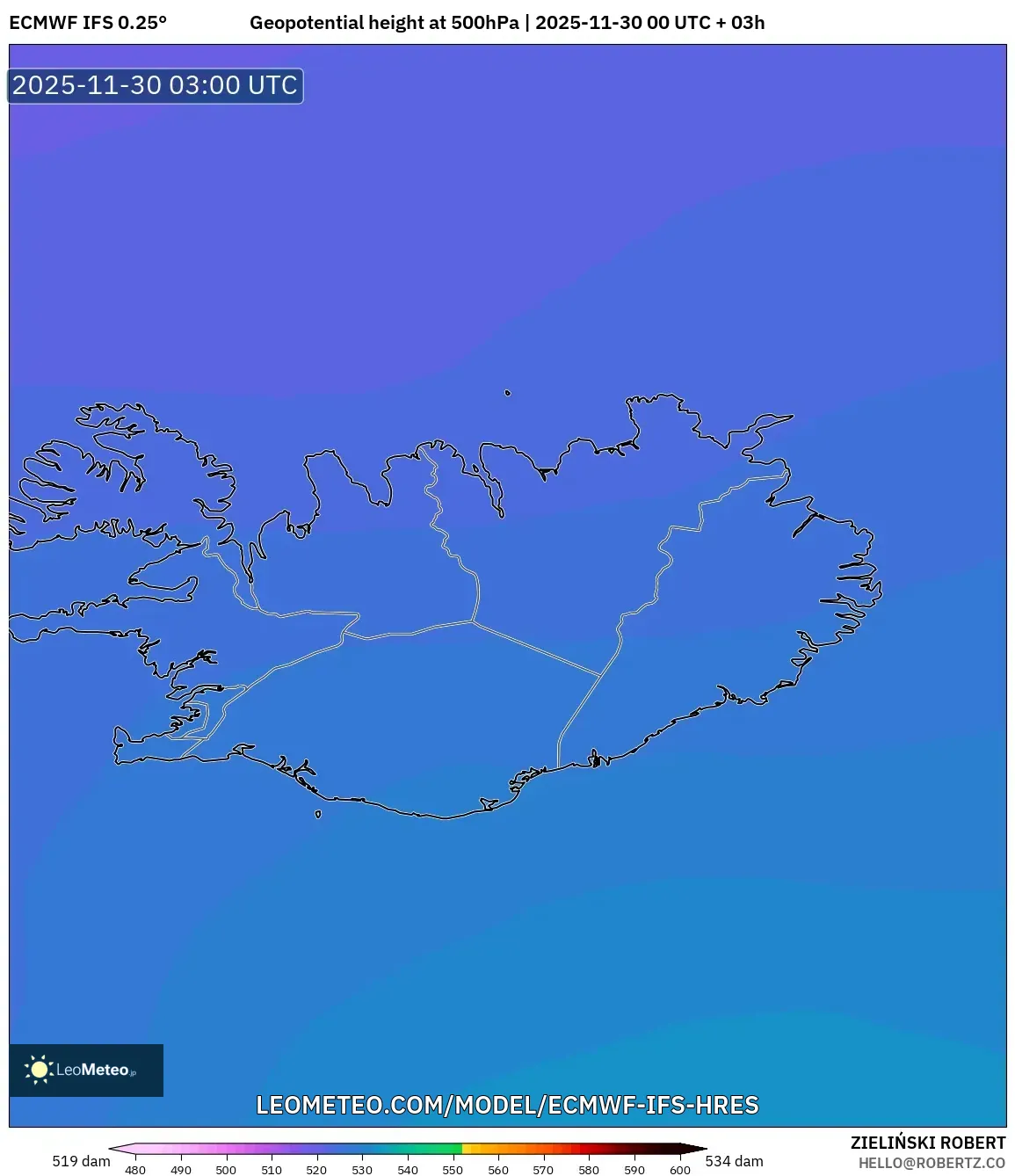 ECMWF IFS 0.25° model - Iceland, Geopotential height at 500hPa