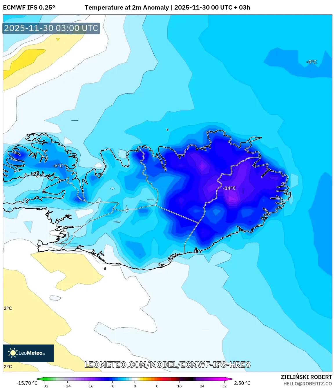 ECMWF IFS 0.25° model - Iceland, Temperature at 2m Anomaly