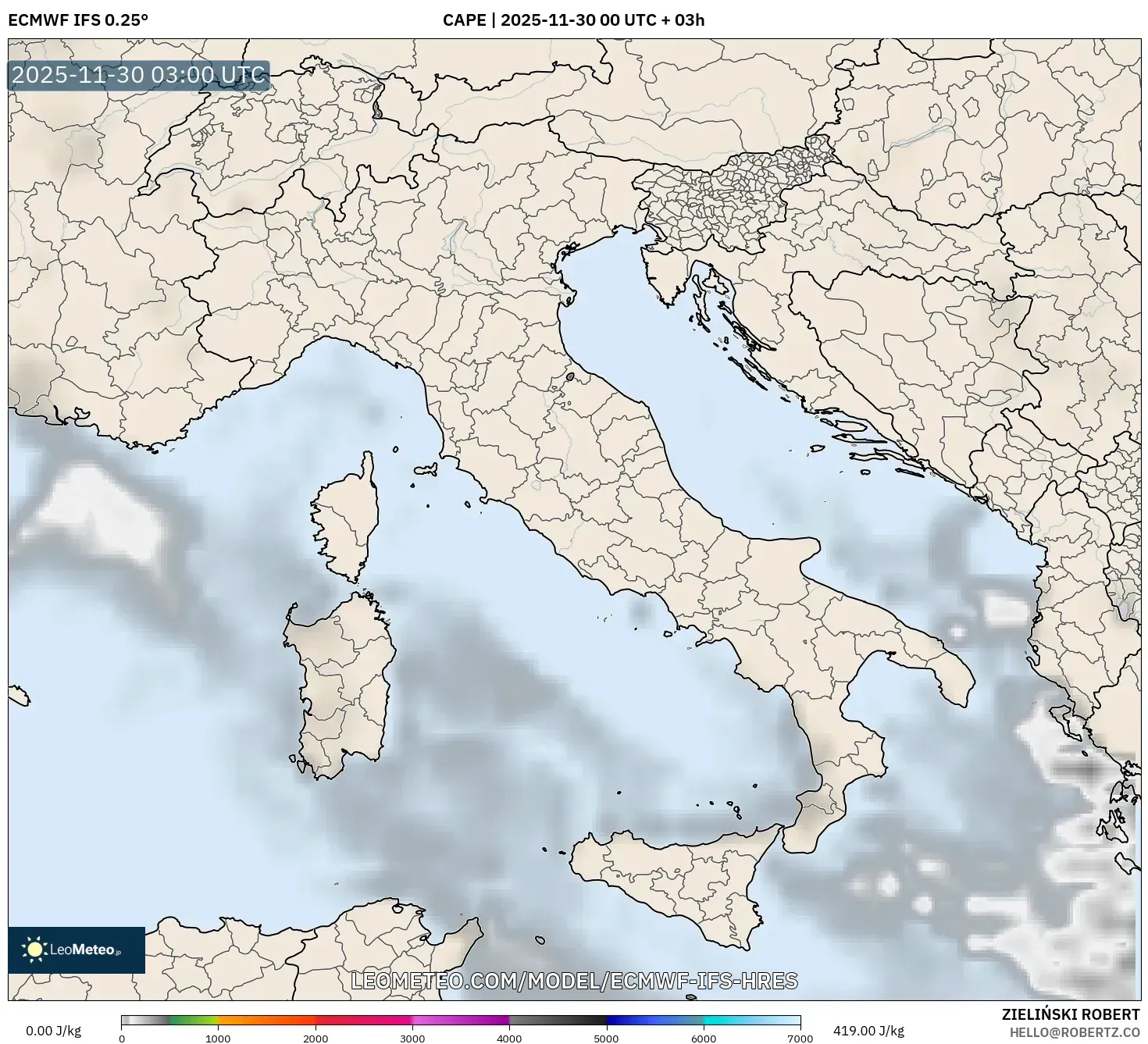 ECMWF IFS 0.25° model - Italy, CAPE