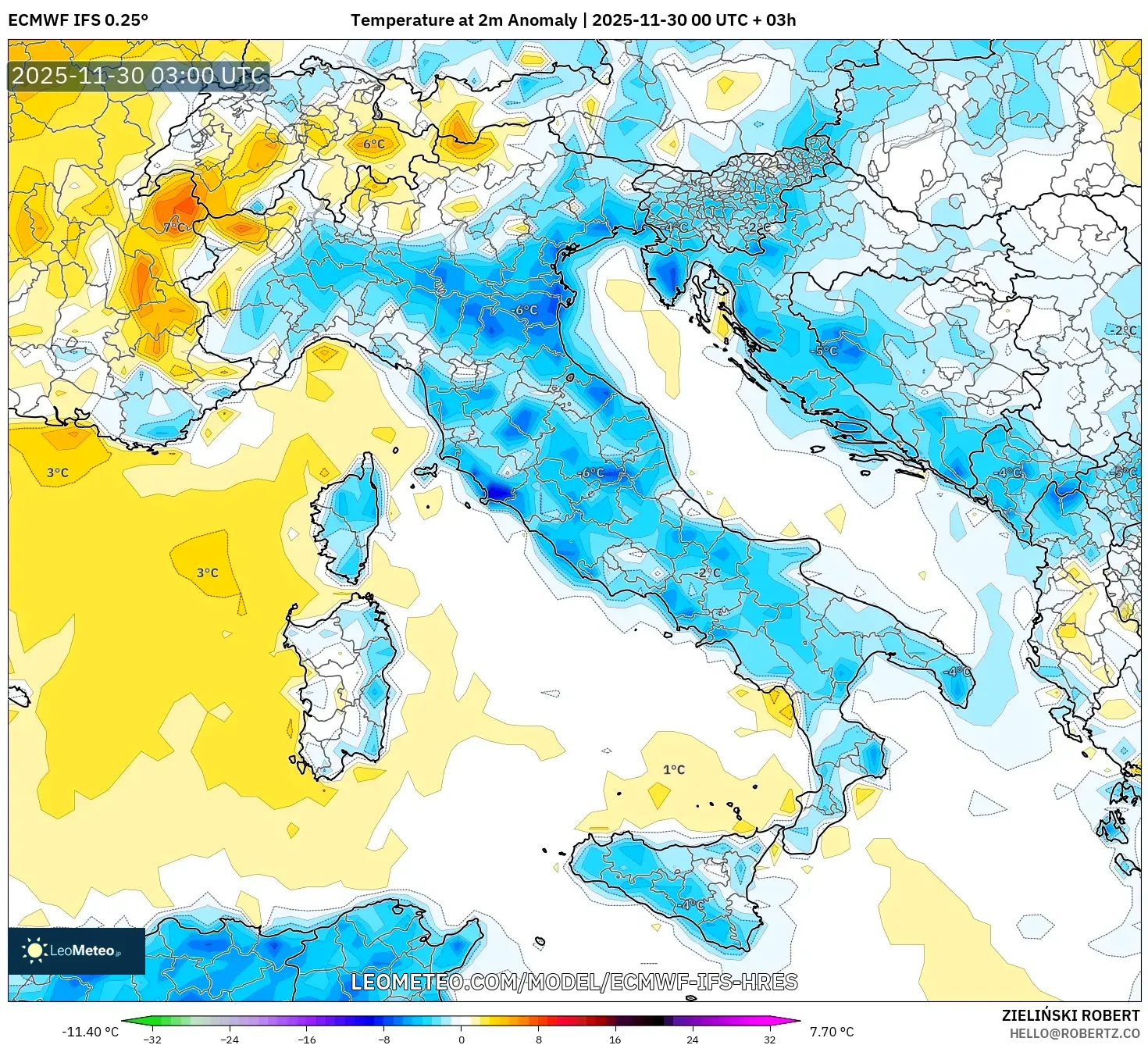 ECMWF IFS 0.25° model - Italy, Temperature at 2m Anomaly