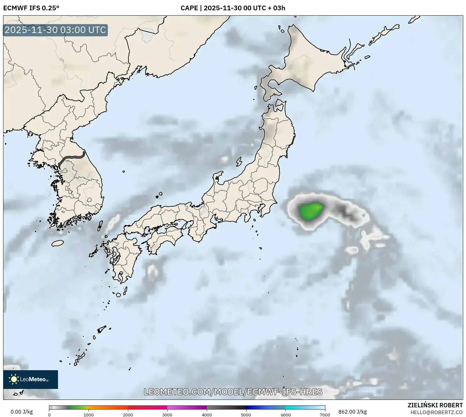 ECMWF IFS 0.25° model - Japan, CAPE