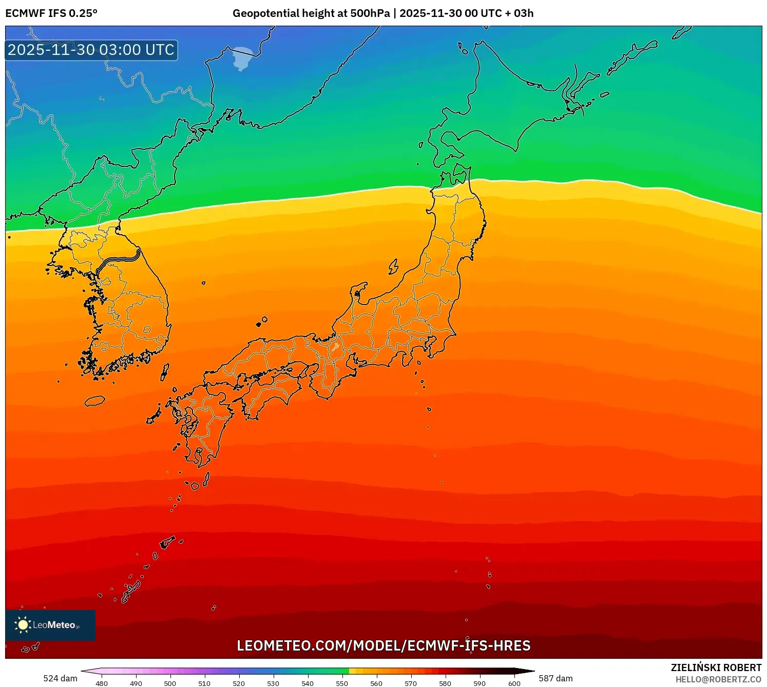 ECMWF IFS 0.25° model - Japan, Geopotential height at 500hPa