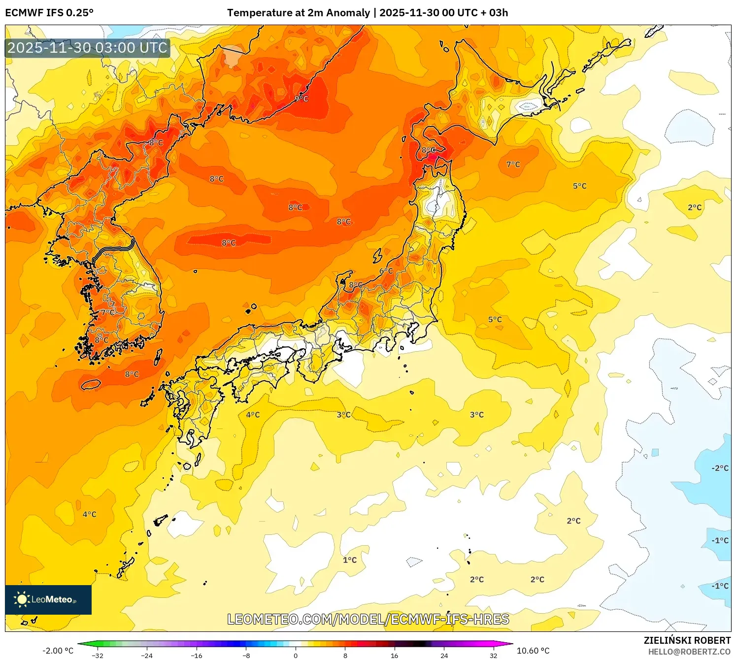 ECMWF IFS 0.25° model - Japan, Temperature at 2m Anomaly