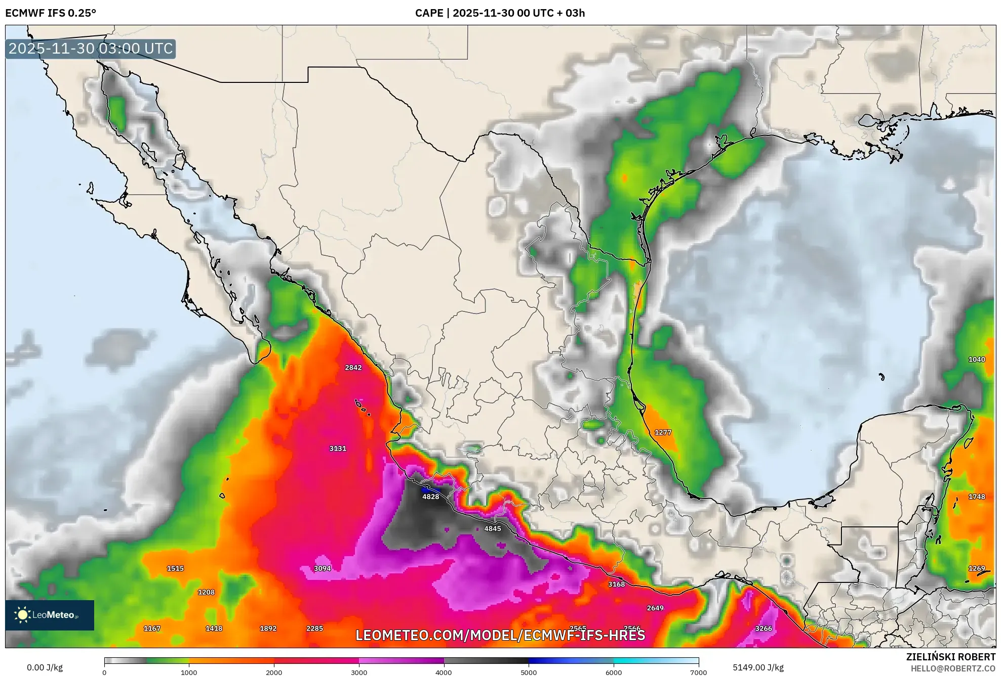 ECMWF IFS 0.25° model - Mexico, CAPE