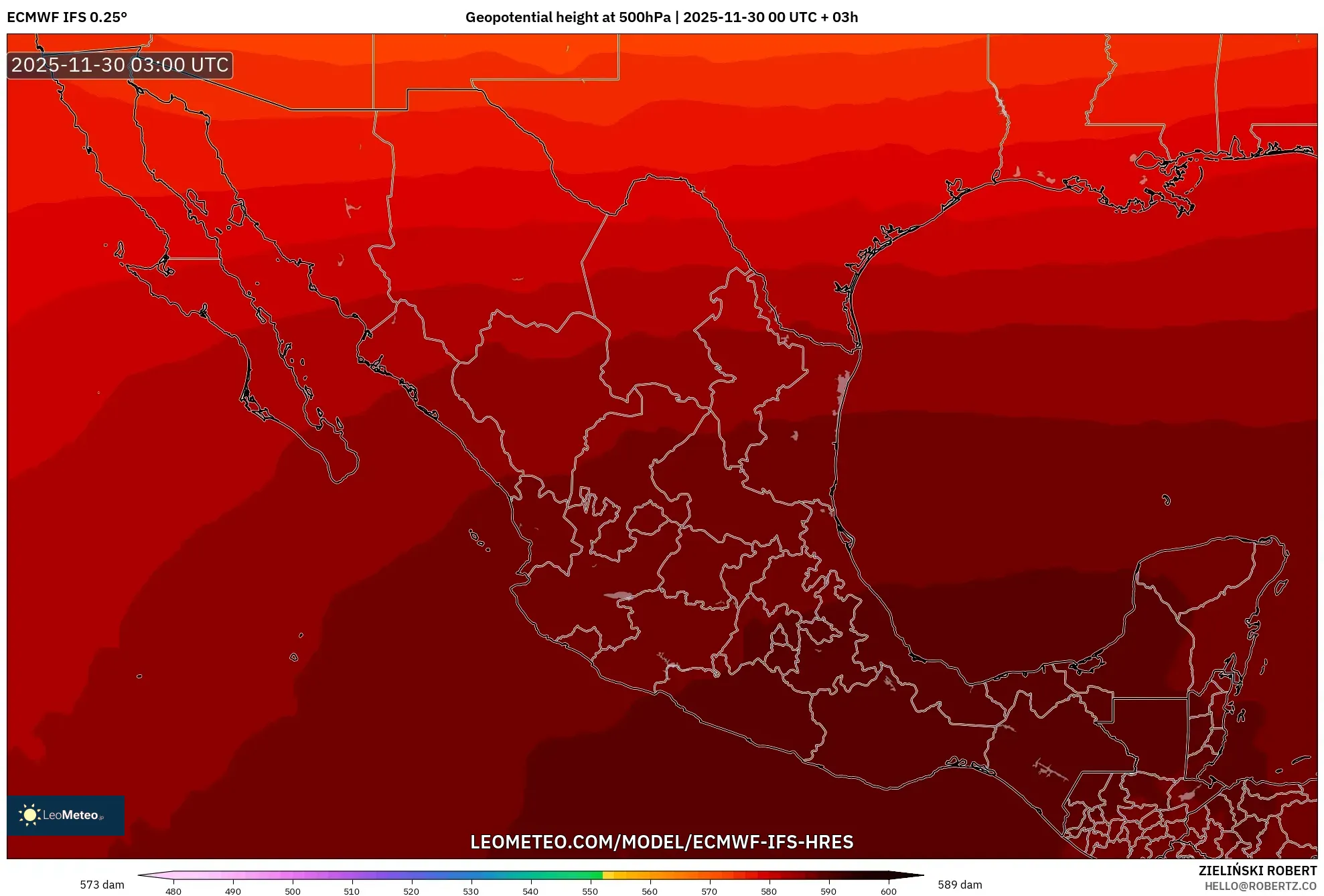 ECMWF IFS 0.25° model - Mexico, Geopotential height at 500hPa