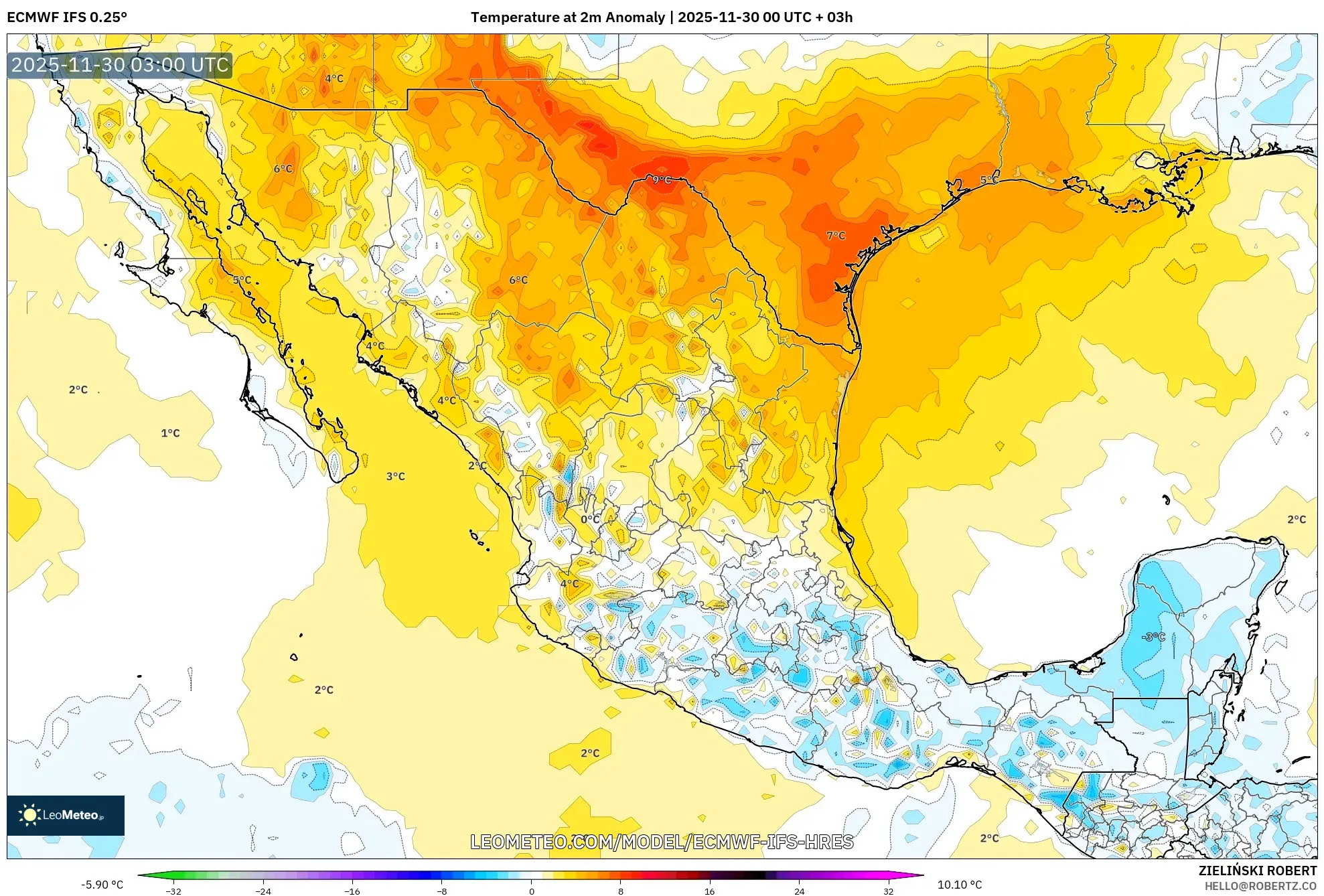 ECMWF IFS 0.25° model - Mexico, Temperature at 2m Anomaly