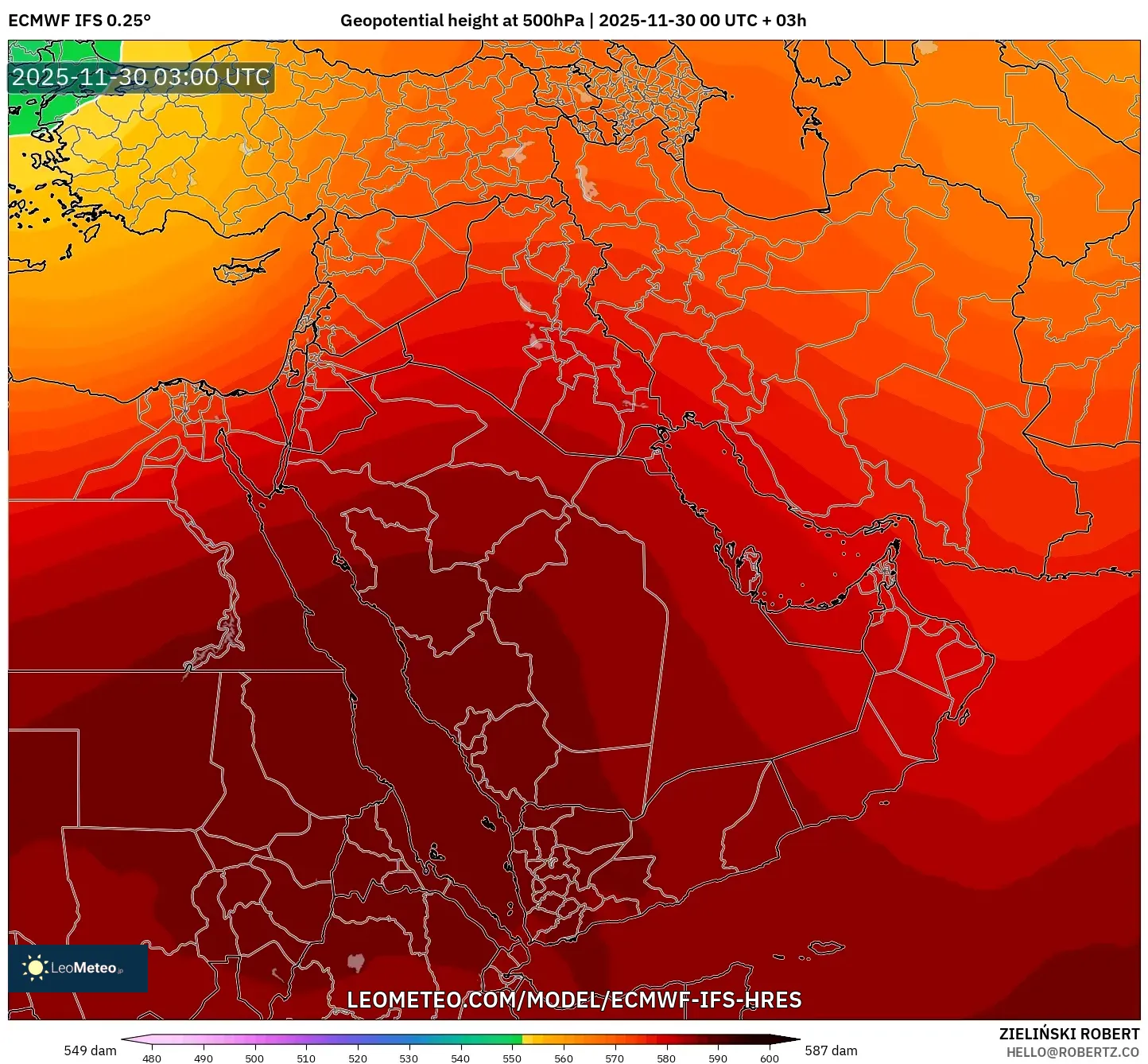 ECMWF IFS 0.25° model - Middle East, Geopotential height at 500hPa